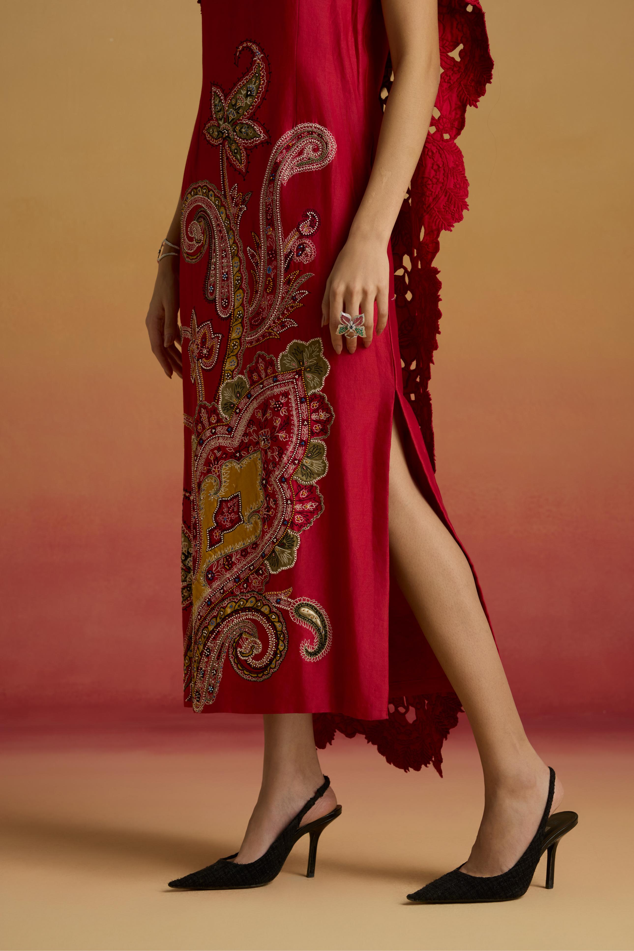 RED DRAPE DETAIL STRAIGHT DRESS