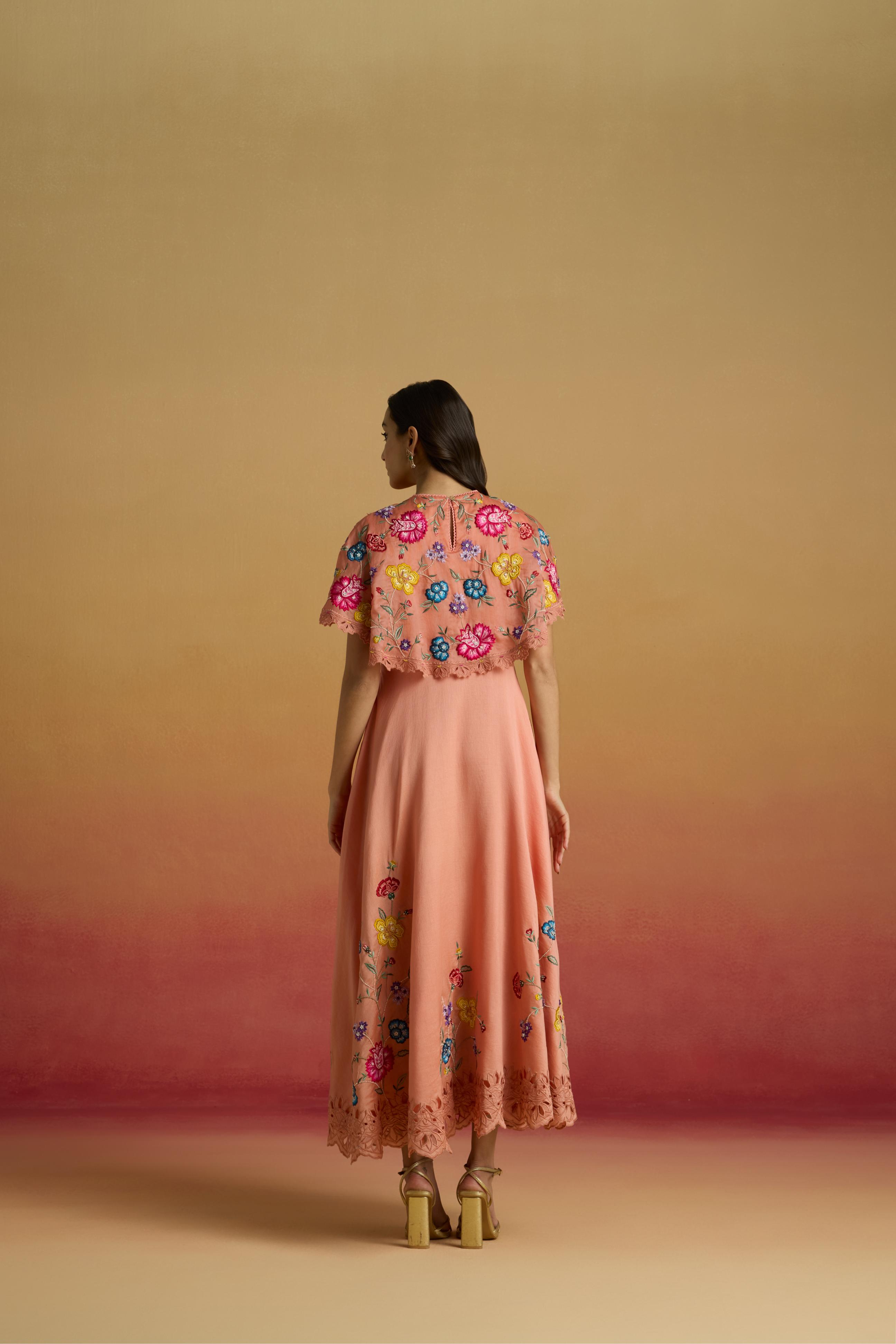 APRICOT CAPE DETAIL FLOUNCE DRESS