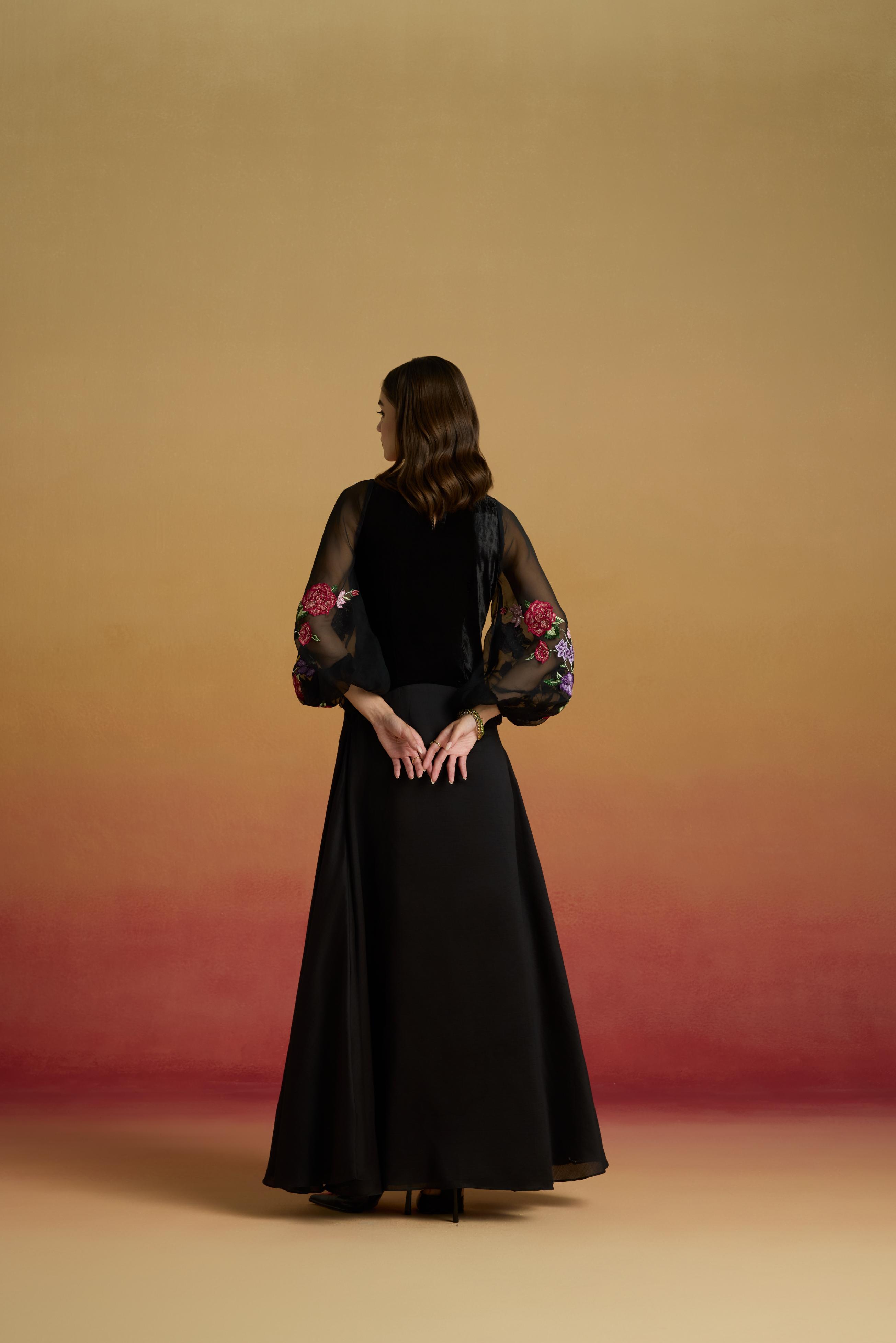 BLACK CONTRAST PAISLEY FLOUNCE DRESS