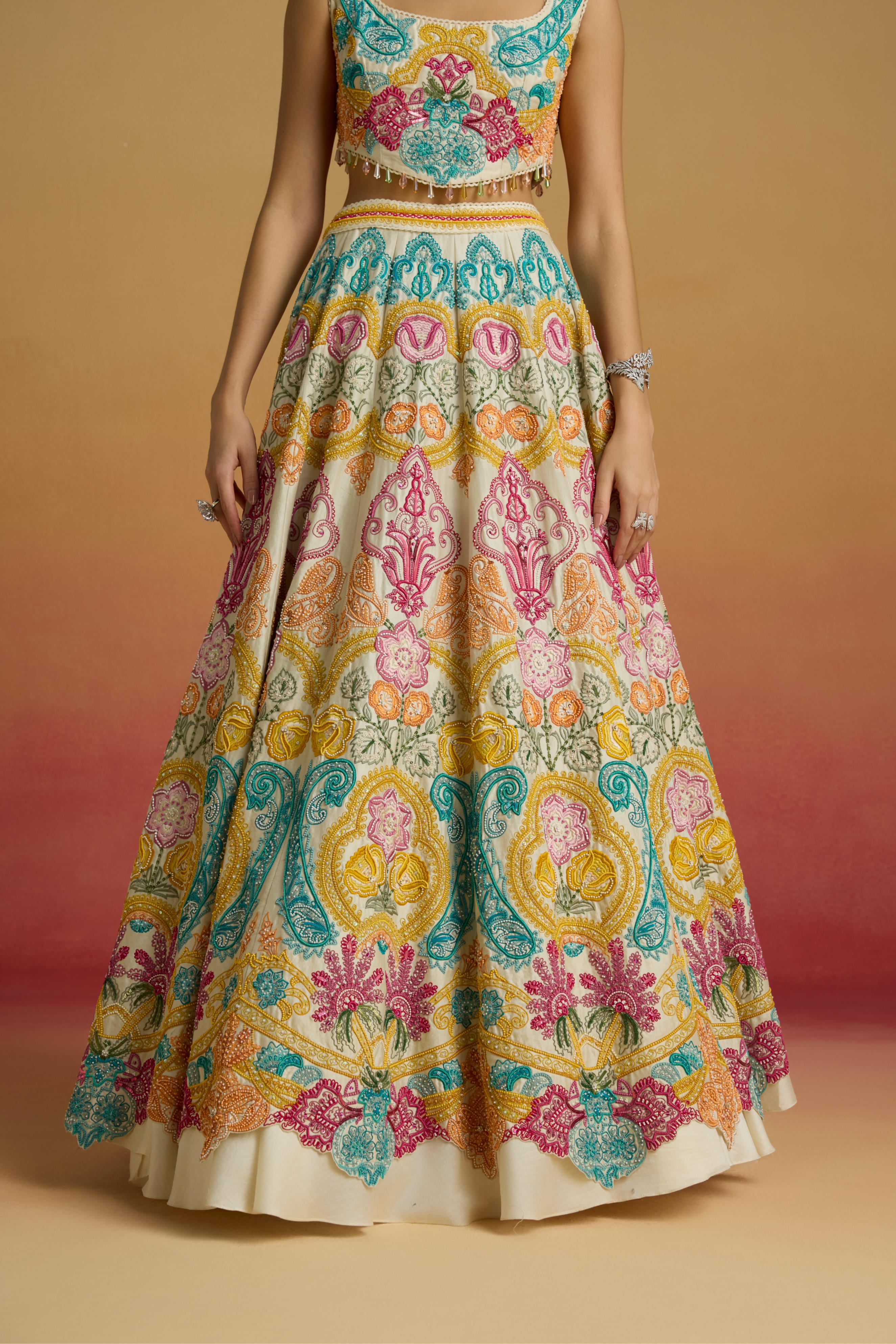 IVORY MULTICOLOUR PAISLEY CORDWORK LEHENGA