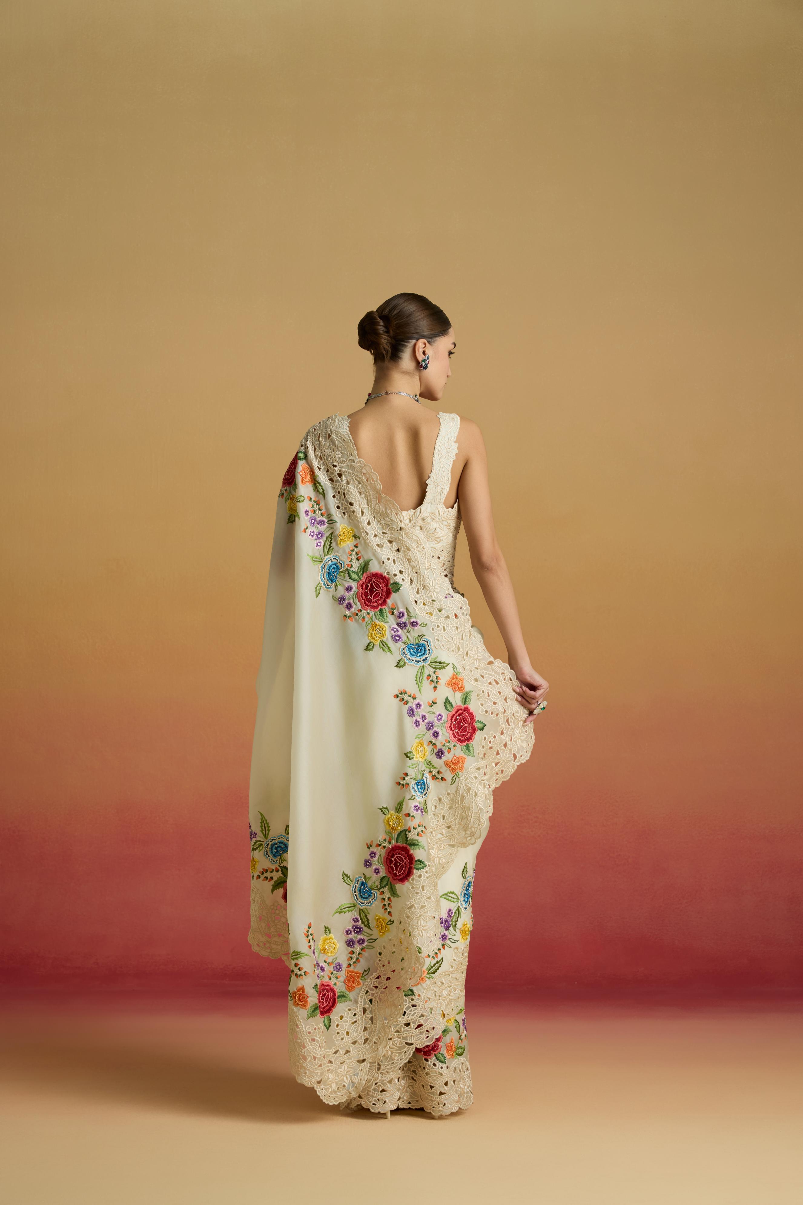 IVORY CUTWORK AND FLORAL THREADWORK SAREE