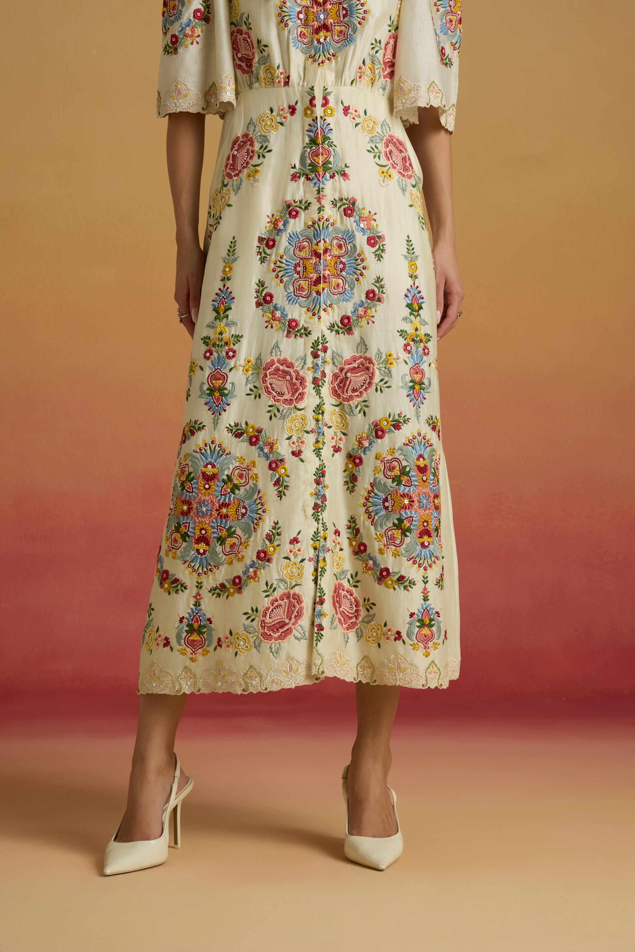 IVORY FLORAL THREADWORK SHIRT DRESS