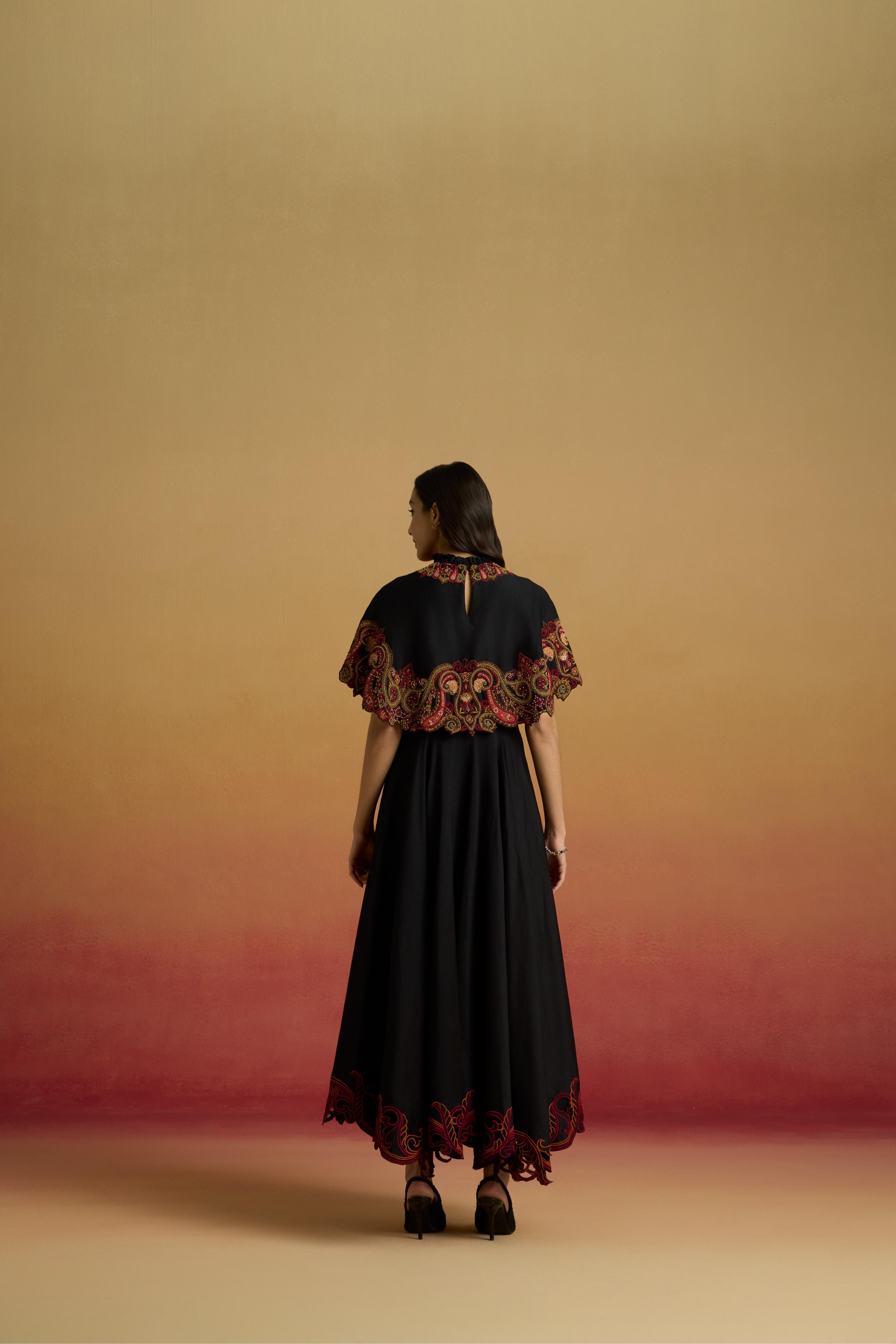 Elegant Black Chanderi Cape Flounce Dress with Intricate Threadwork & Beadwork