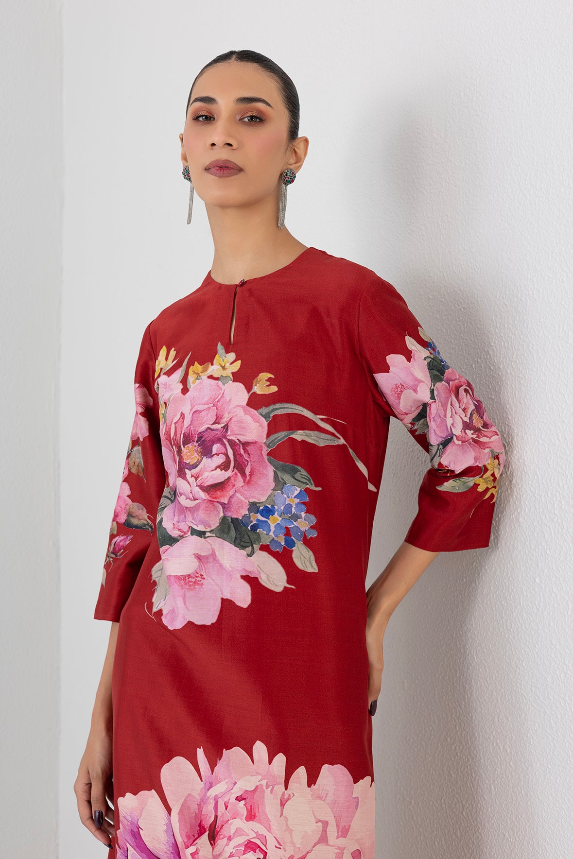 Poppy Blaze Silk Chanderi China Rose Printed Tunic