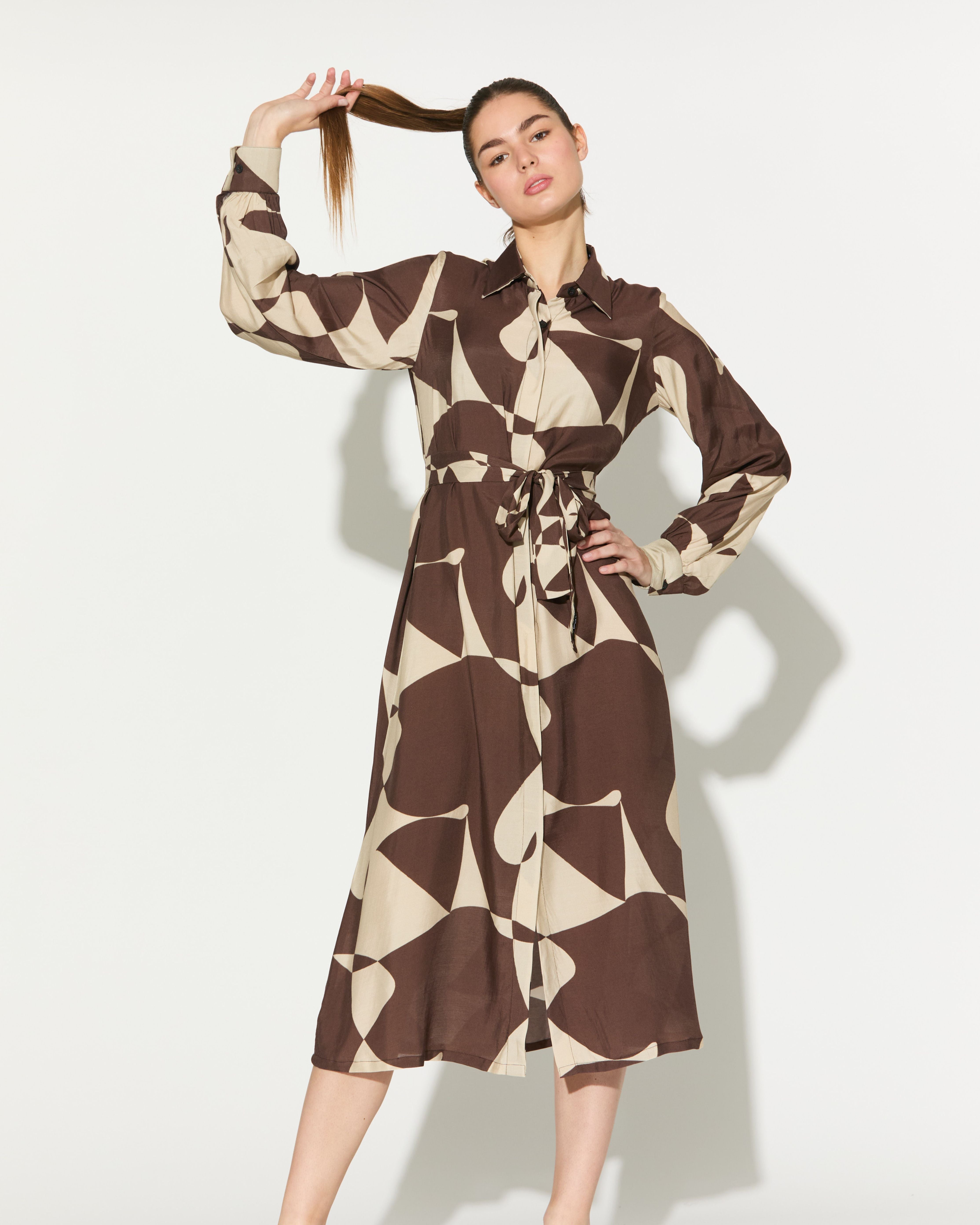 BROWN AND WHITE ABSTRACT LONG SHIRT