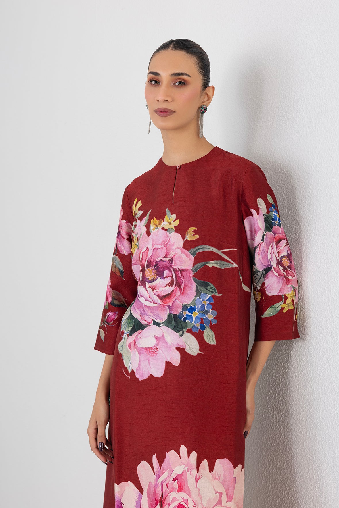 Poppy Blaze Red Dupion China Rose Printed Tunic