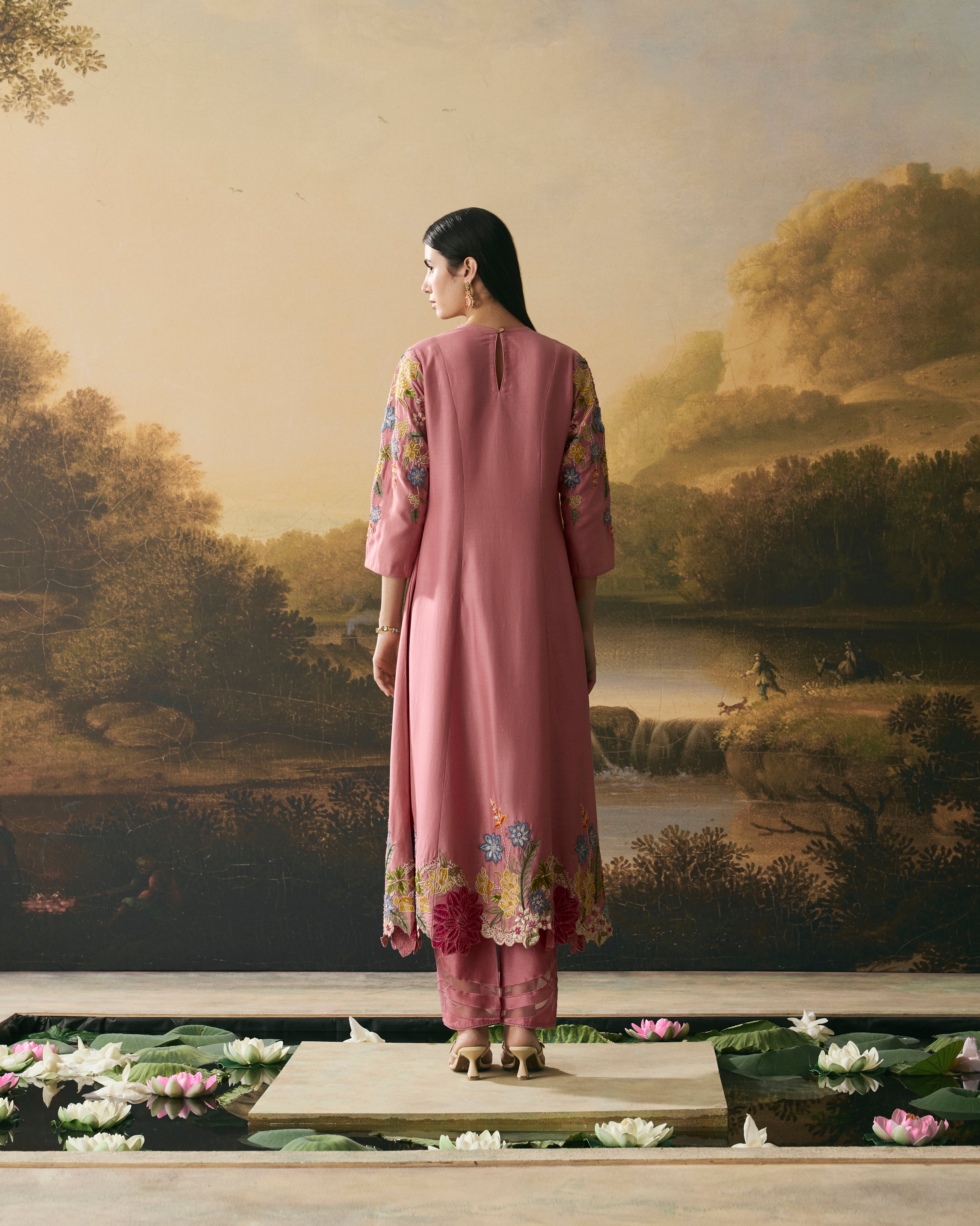 PINK FLORAL MEDLEY FLARED KURTA WITH NARROW PANTS