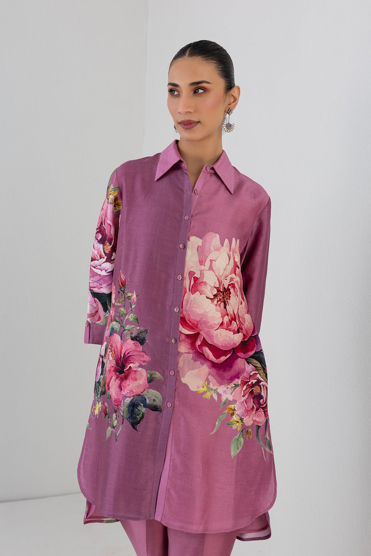 Blush Pink Dupion Peony Flower Printed Shirt