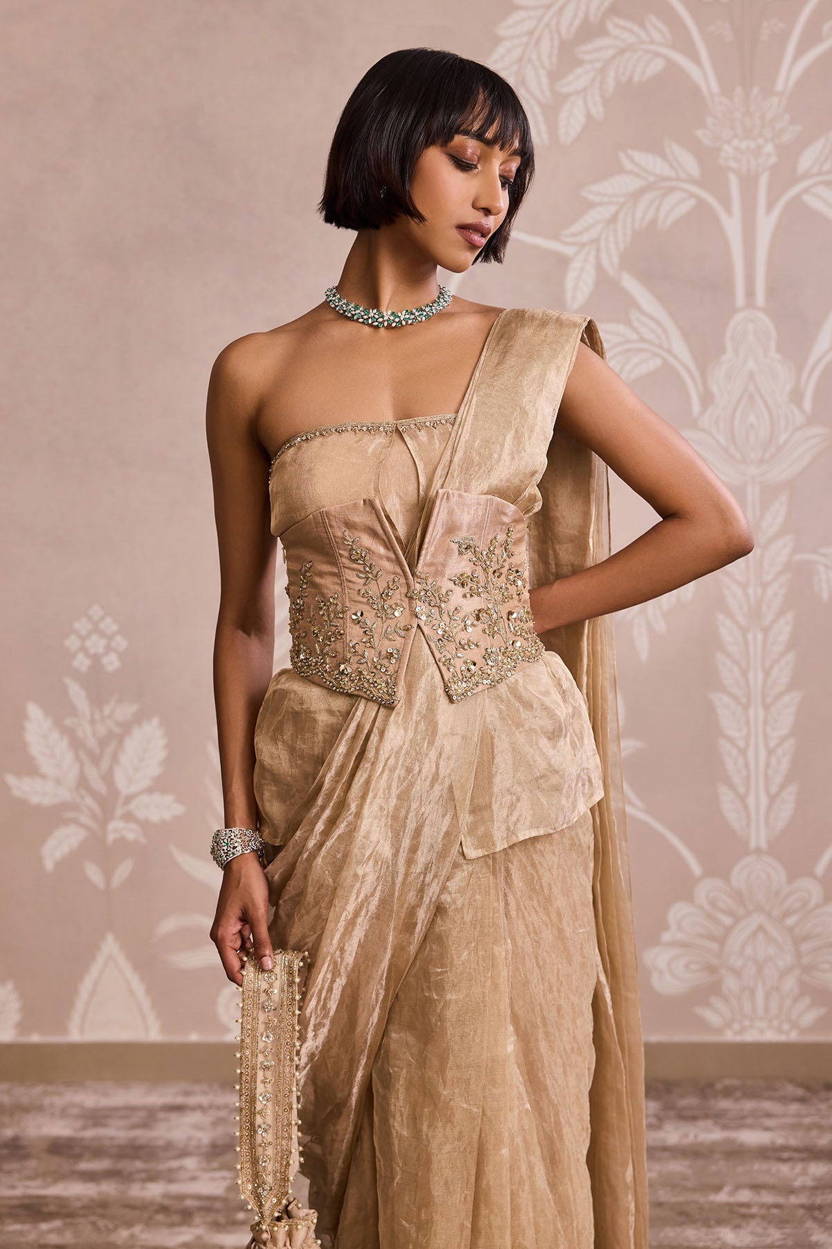 Iris Embroidered Tissue Corset Belt - Gumetal Gold Waist Cinch