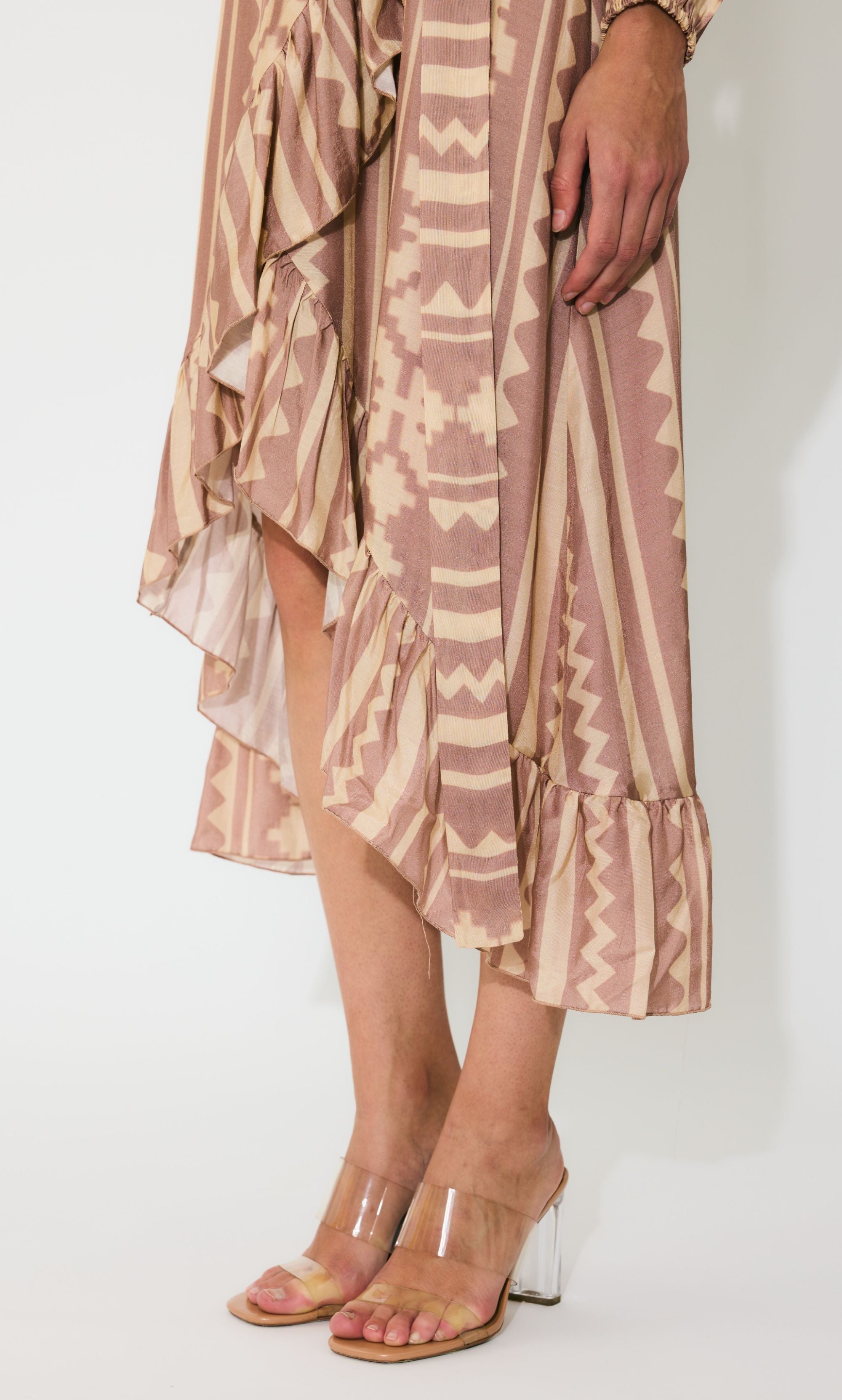 PEACH AND CREAM PATTERN WRAP DRESS