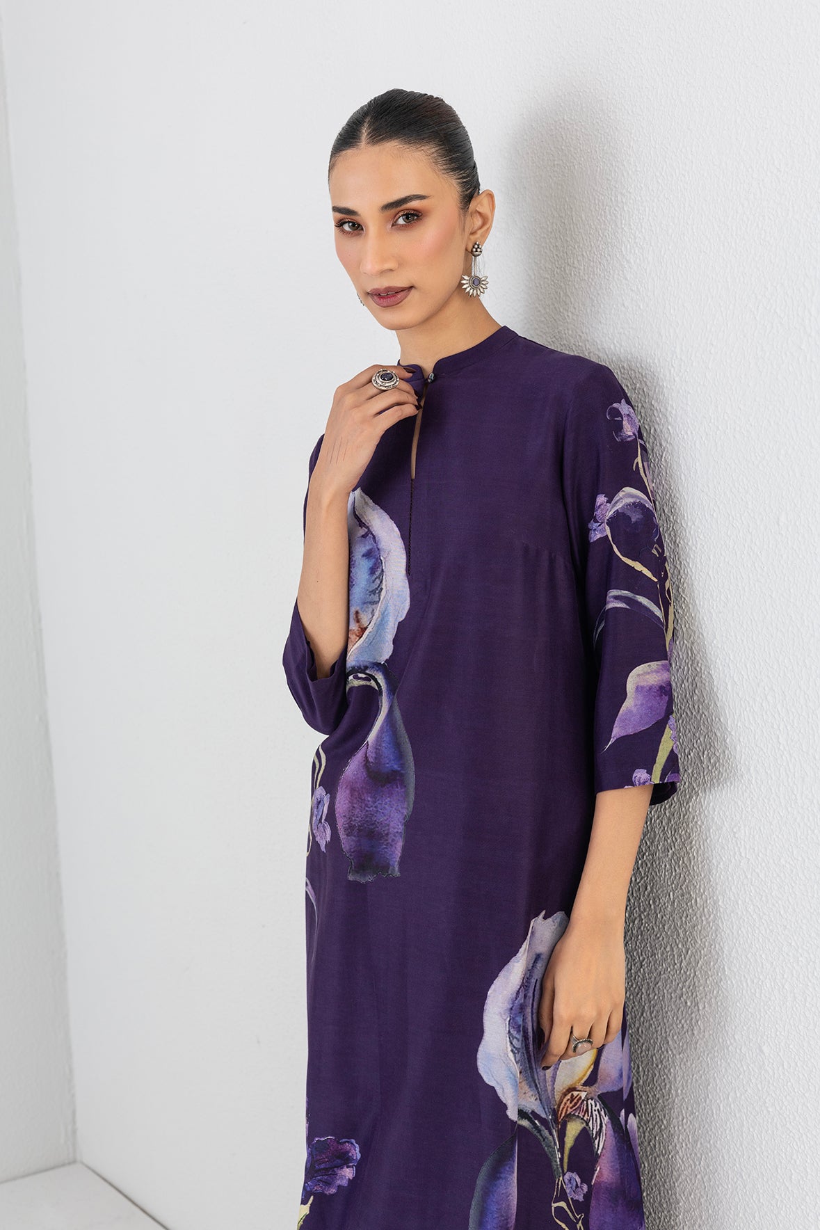 Violet Abyss Silk Chanderi Iris Lily Printed Tunic