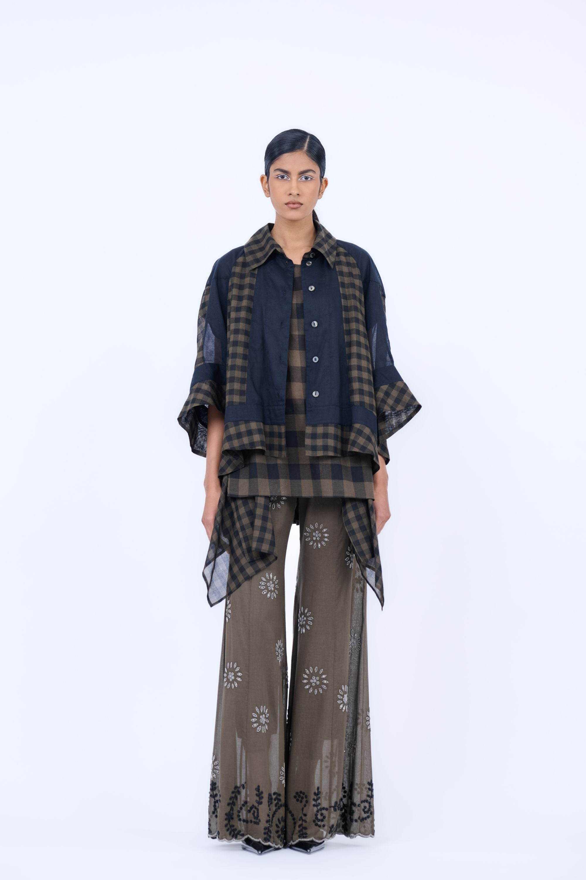 Khaki Blk Slv Handloom Cotton Palazzo