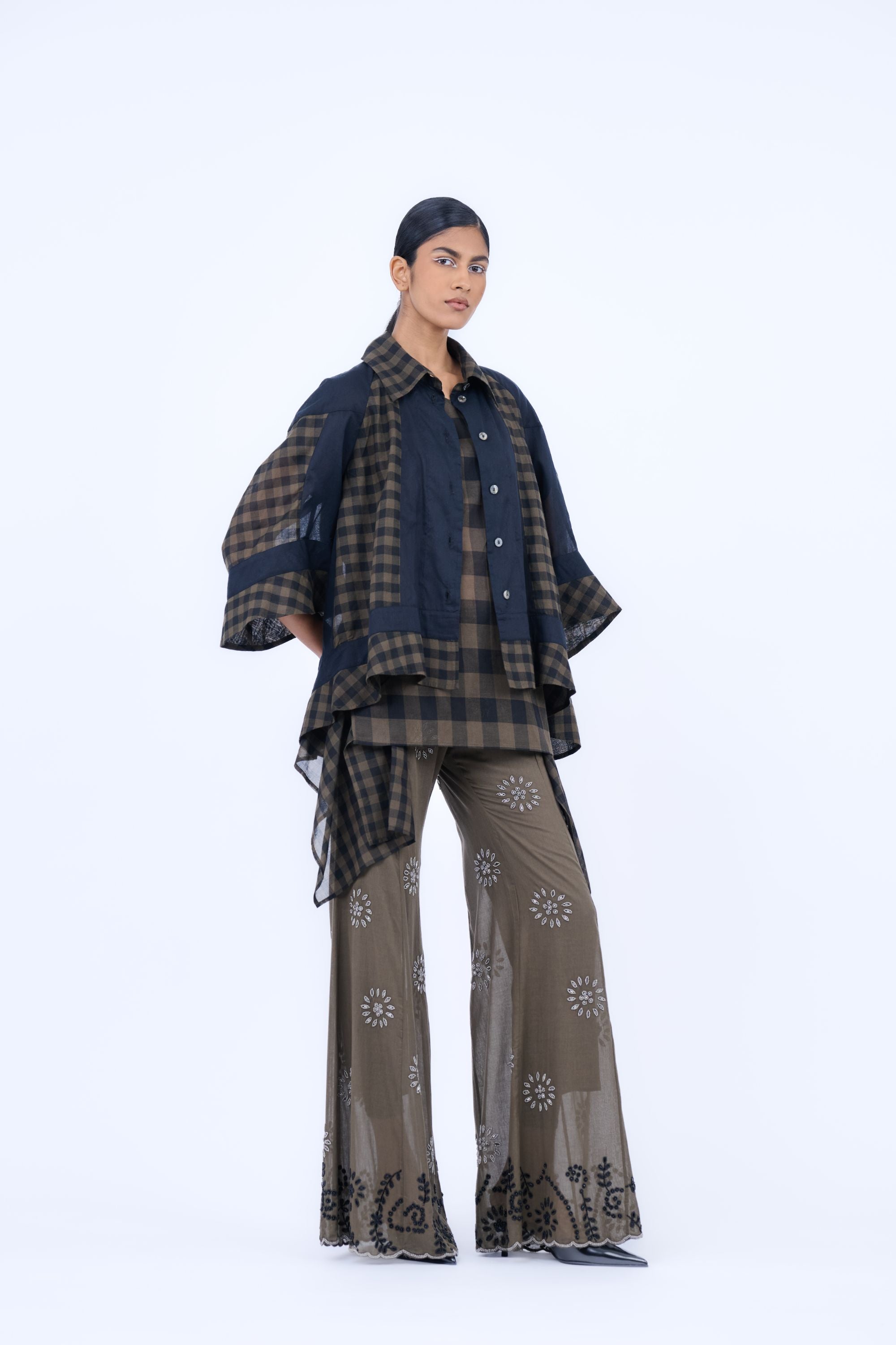 Khaki Blk Slv Handloom Cotton Palazzo