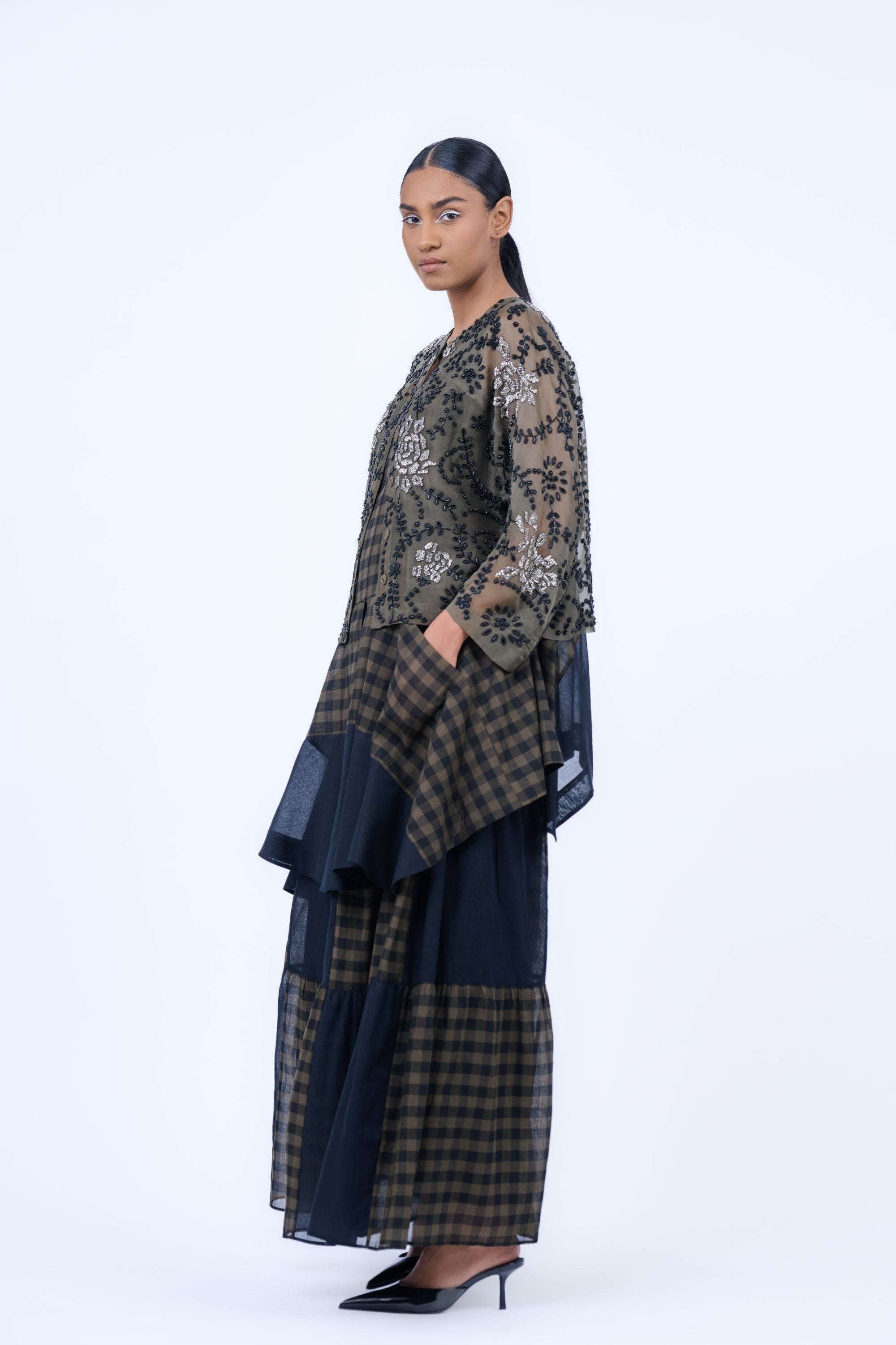 Khaki Blk Slv Silk Organza Jacket