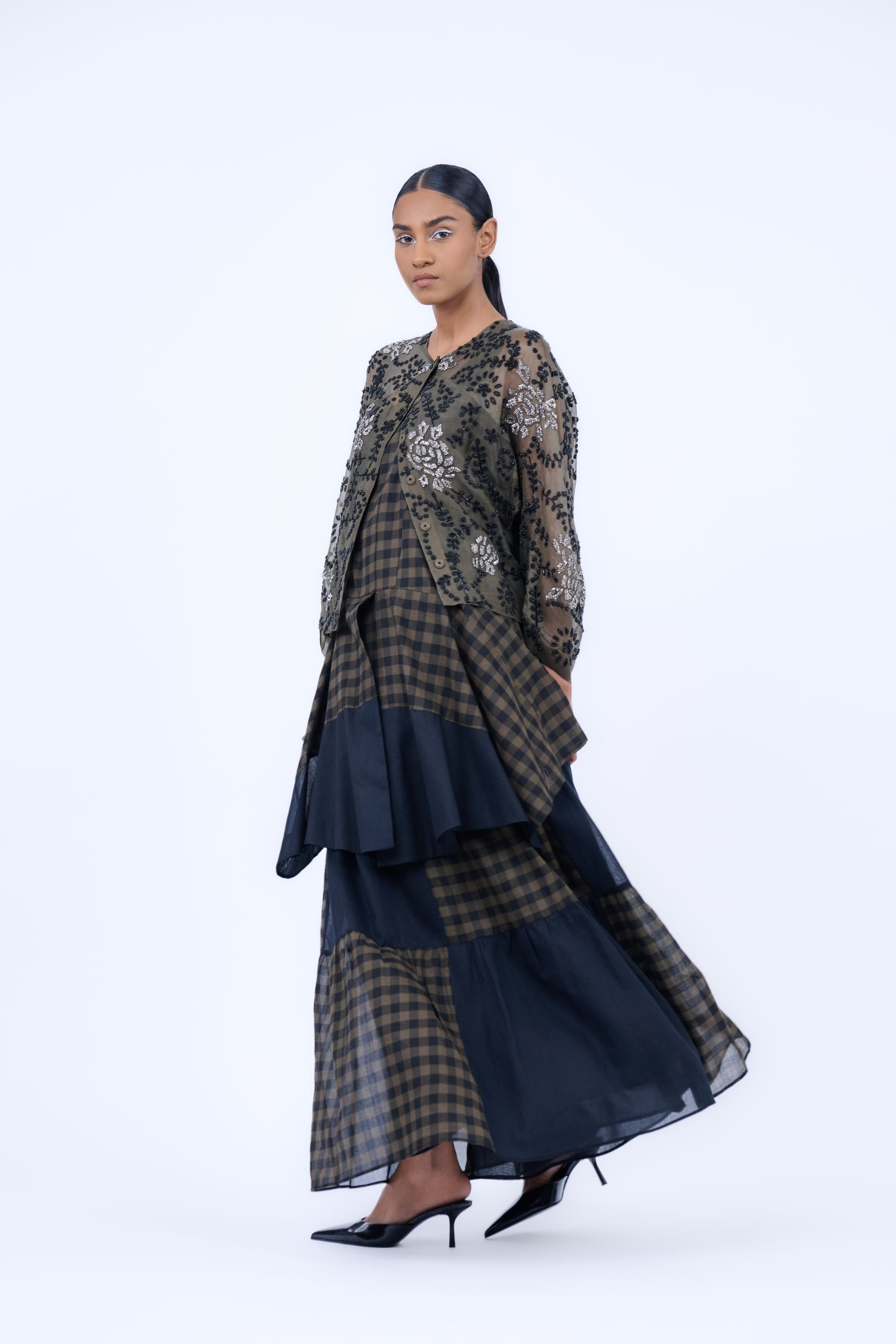 Khaki Blk Slv Silk Organza Jacket