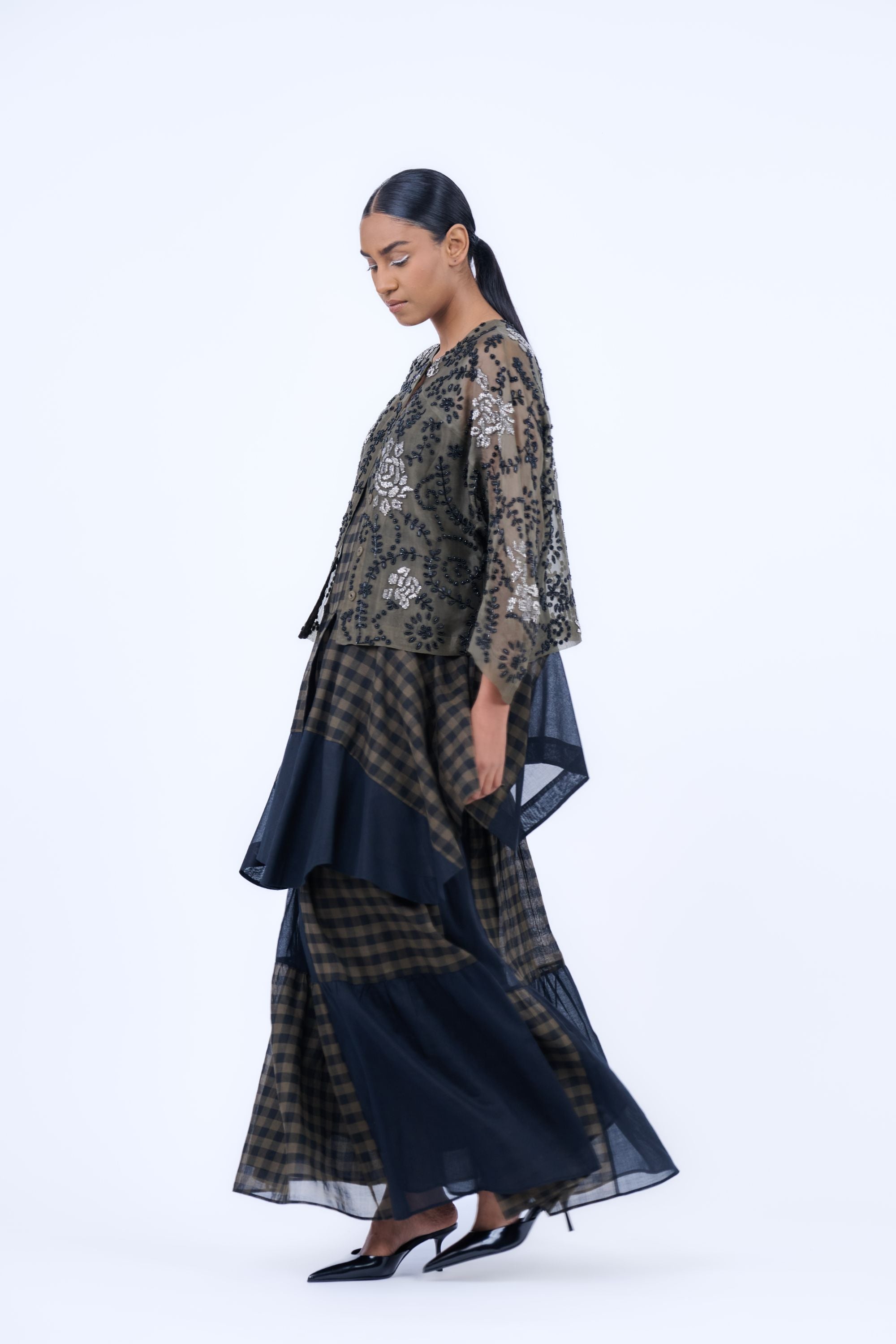 Khaki Blk Slv Silk Organza Jacket