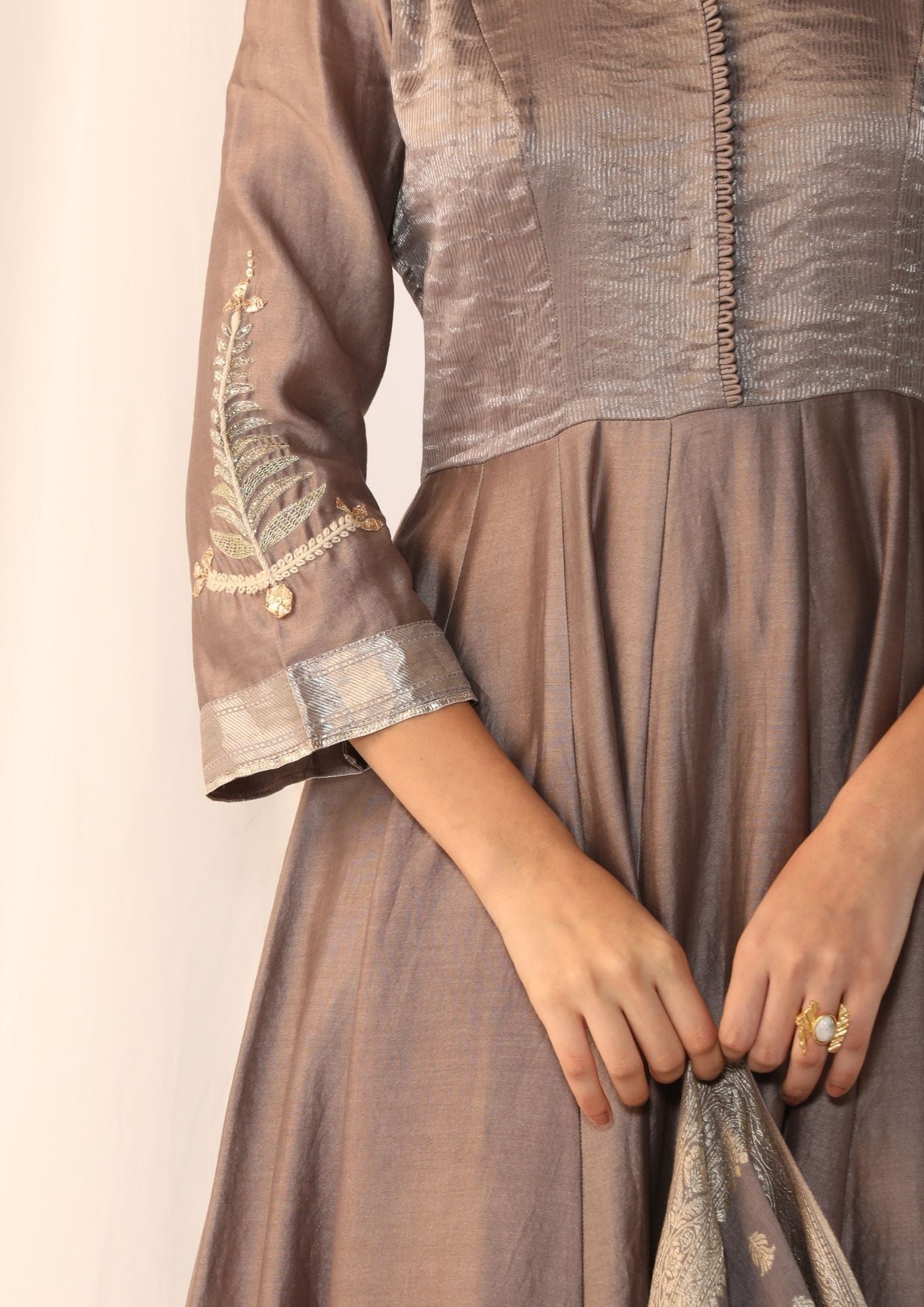 Chanderi Silk Kurta With A Woven Border And Handwork On Sleeves, Paired With A Banarasi Dupatta And Slim Pants