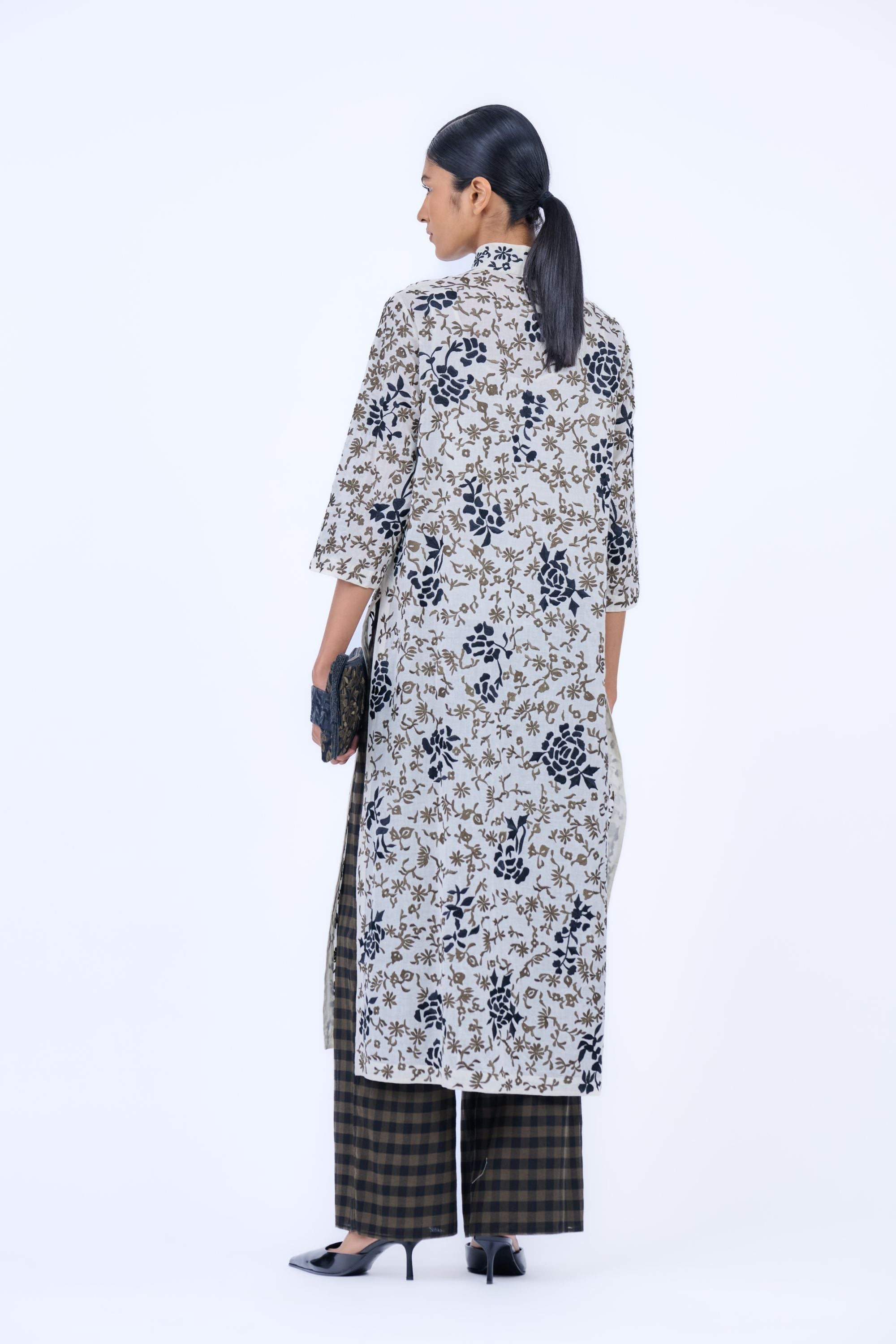 Ecru Kh Blk Handloom Cotton Kurta