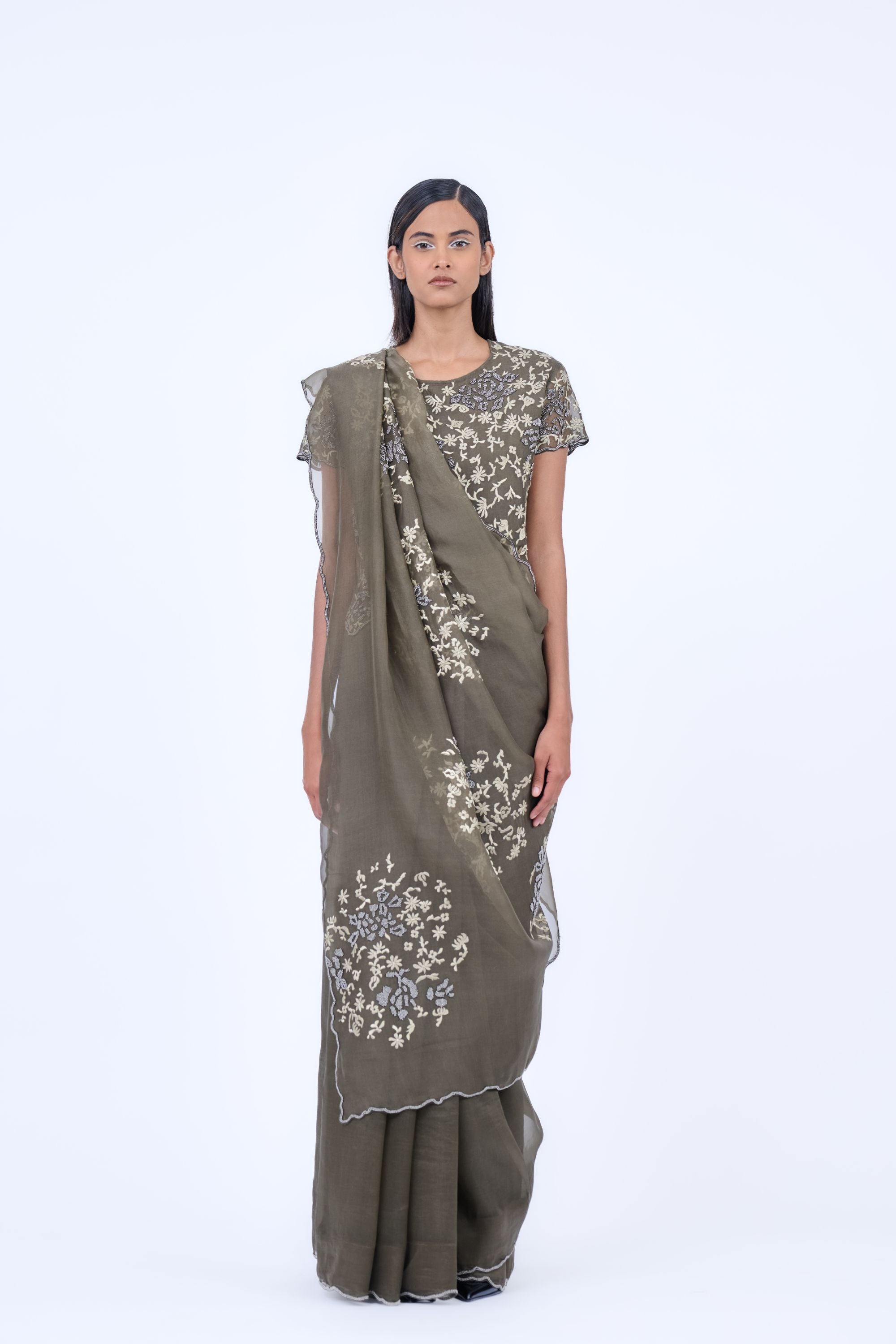 Khaki Nat Slv Silk Organza Blouse