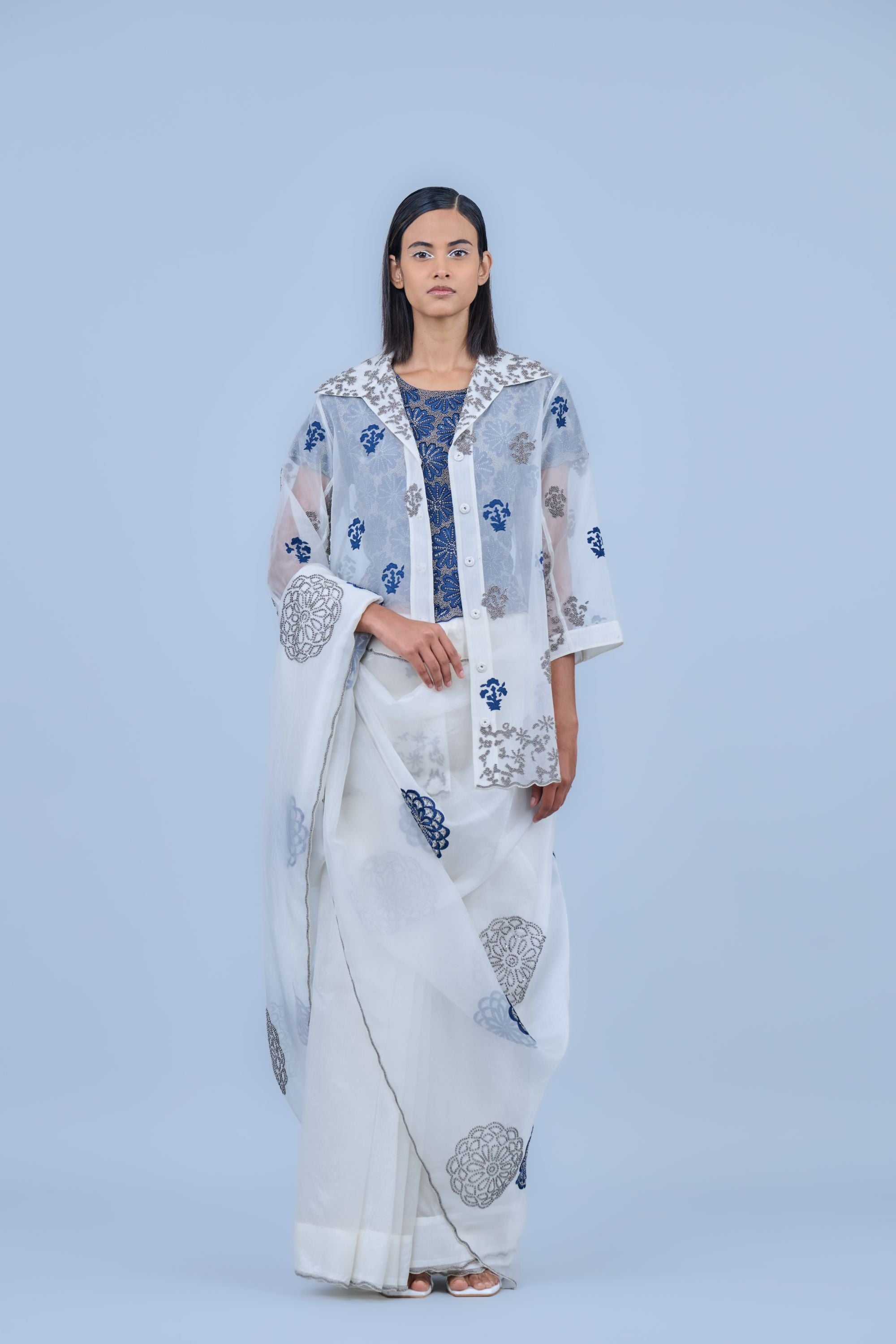 Ecru Spc Slv Silk Organza Sari