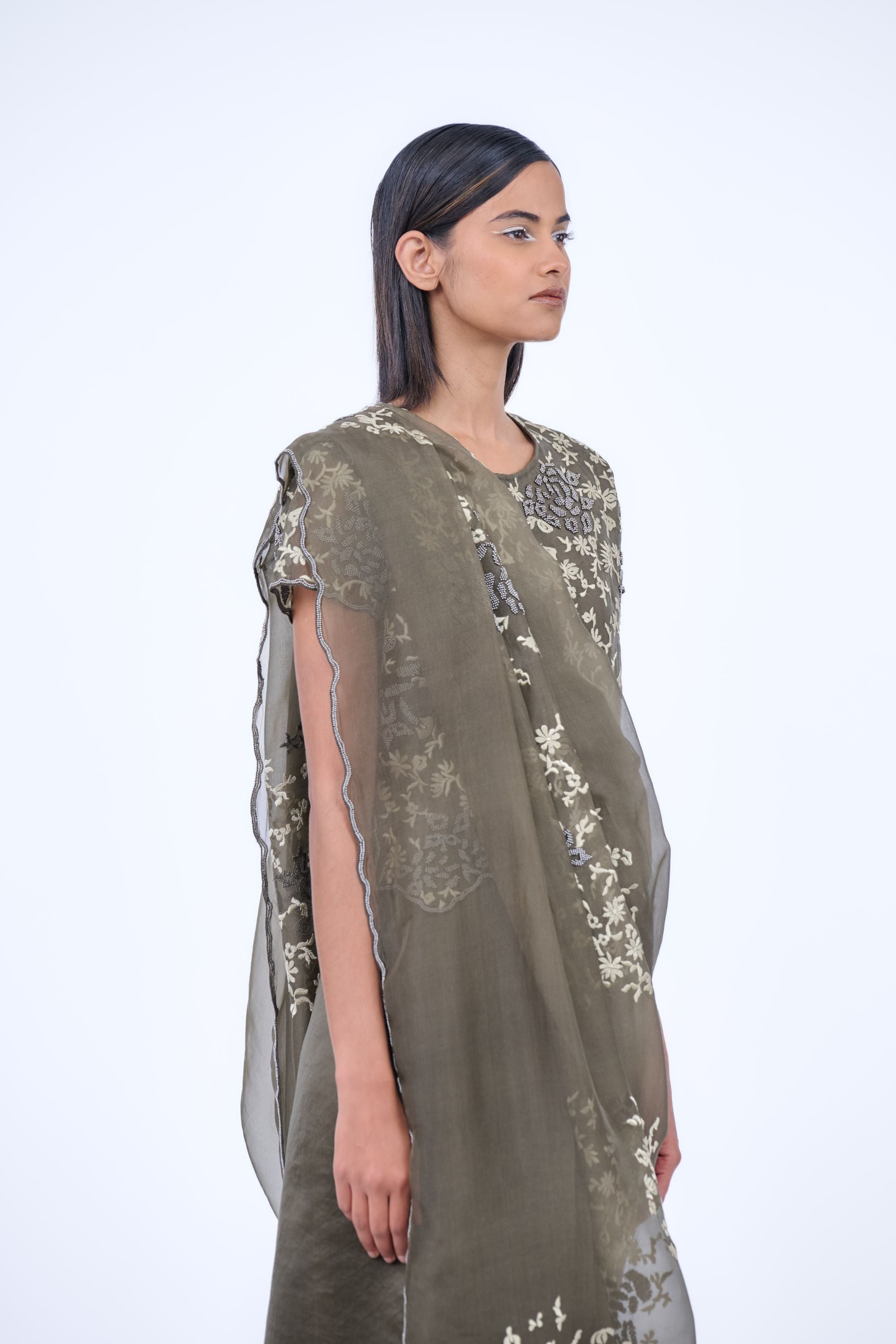 Khaki Nat Slv Silk Organza Blouse