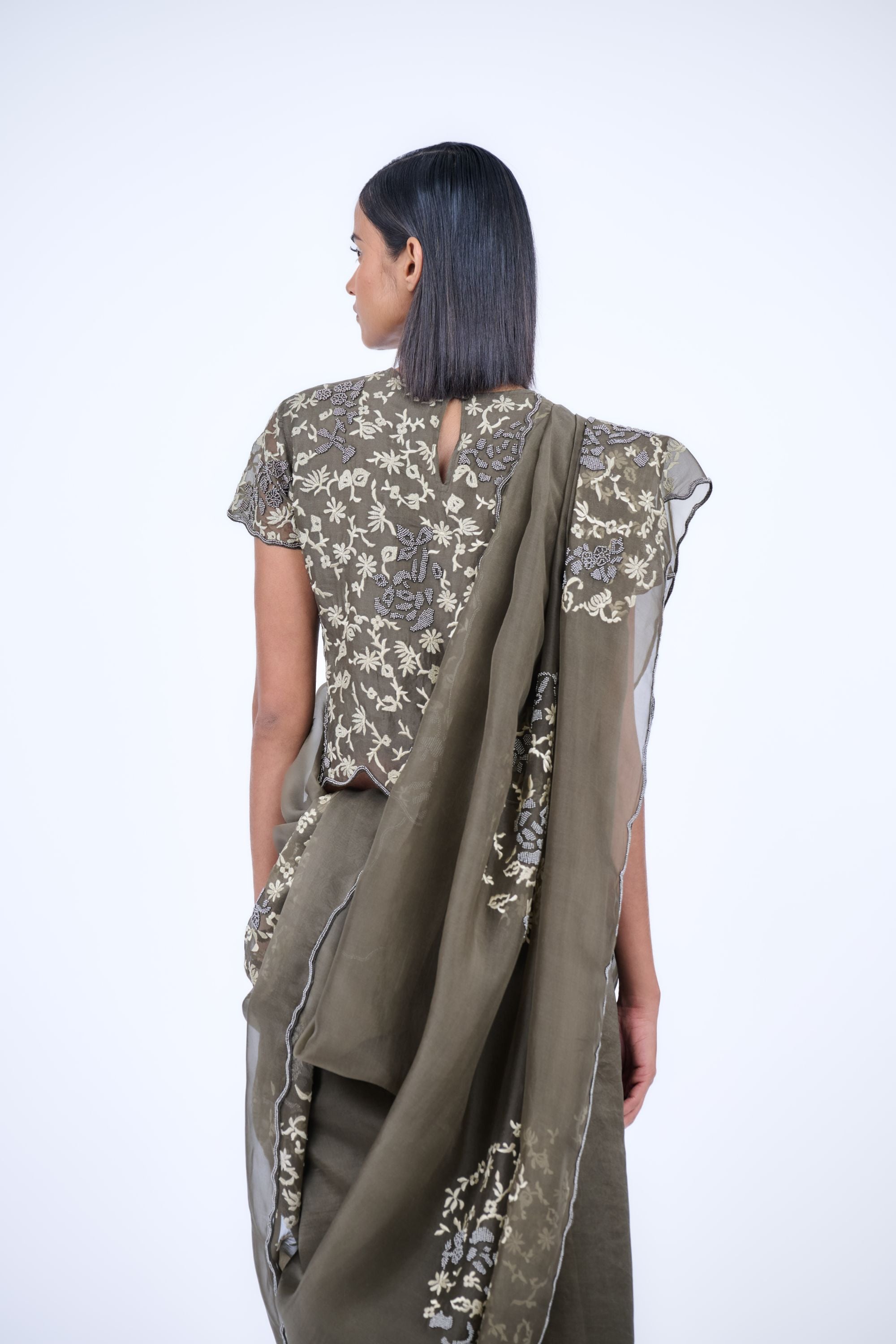 Khaki Nat Slv Silk Organza Blouse