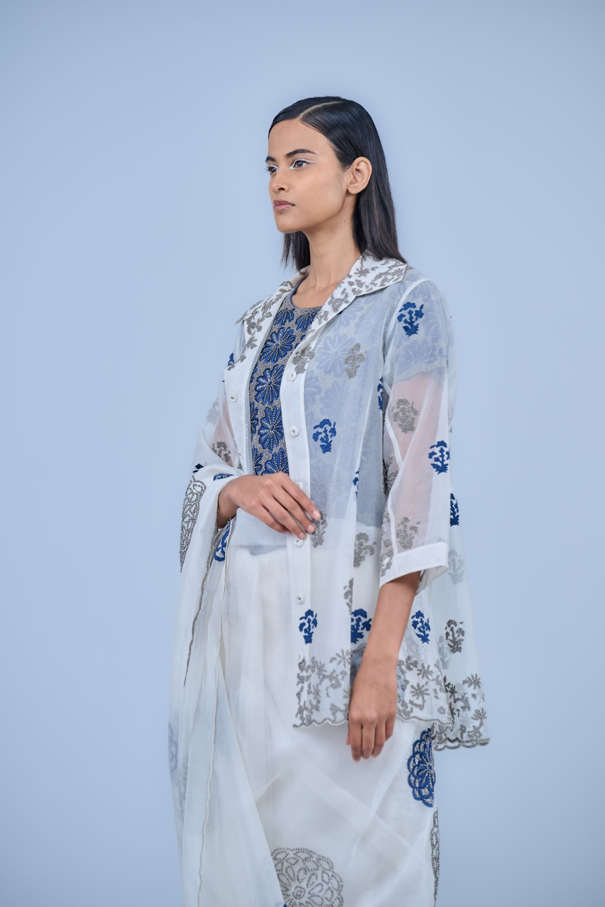 Ecru Spc Slv Silk Organza Sari