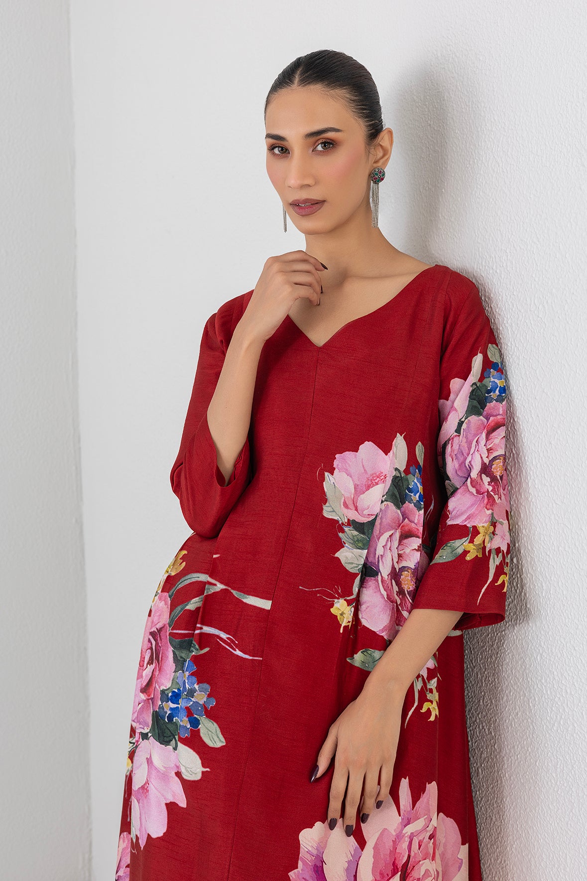 Crimson Flame Red Dupion China Rose Printed Dress