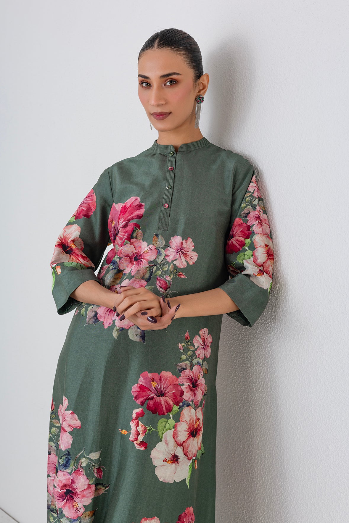 Eucalyptus Silk Chanderi Hibiscus Printed Tunic