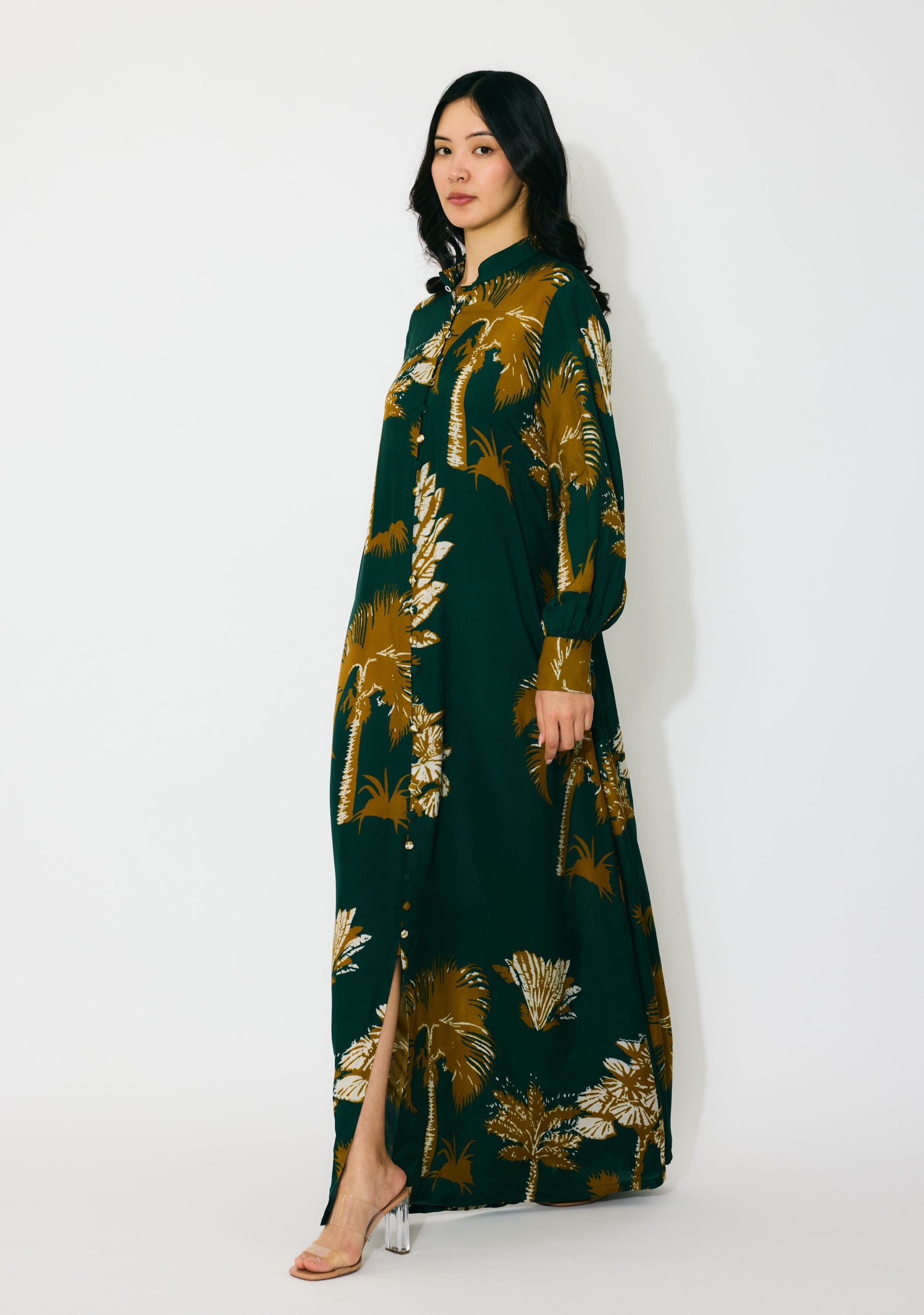 DARK GREEN AND MUSTARD FLORAL LONG SHIRT DRESS