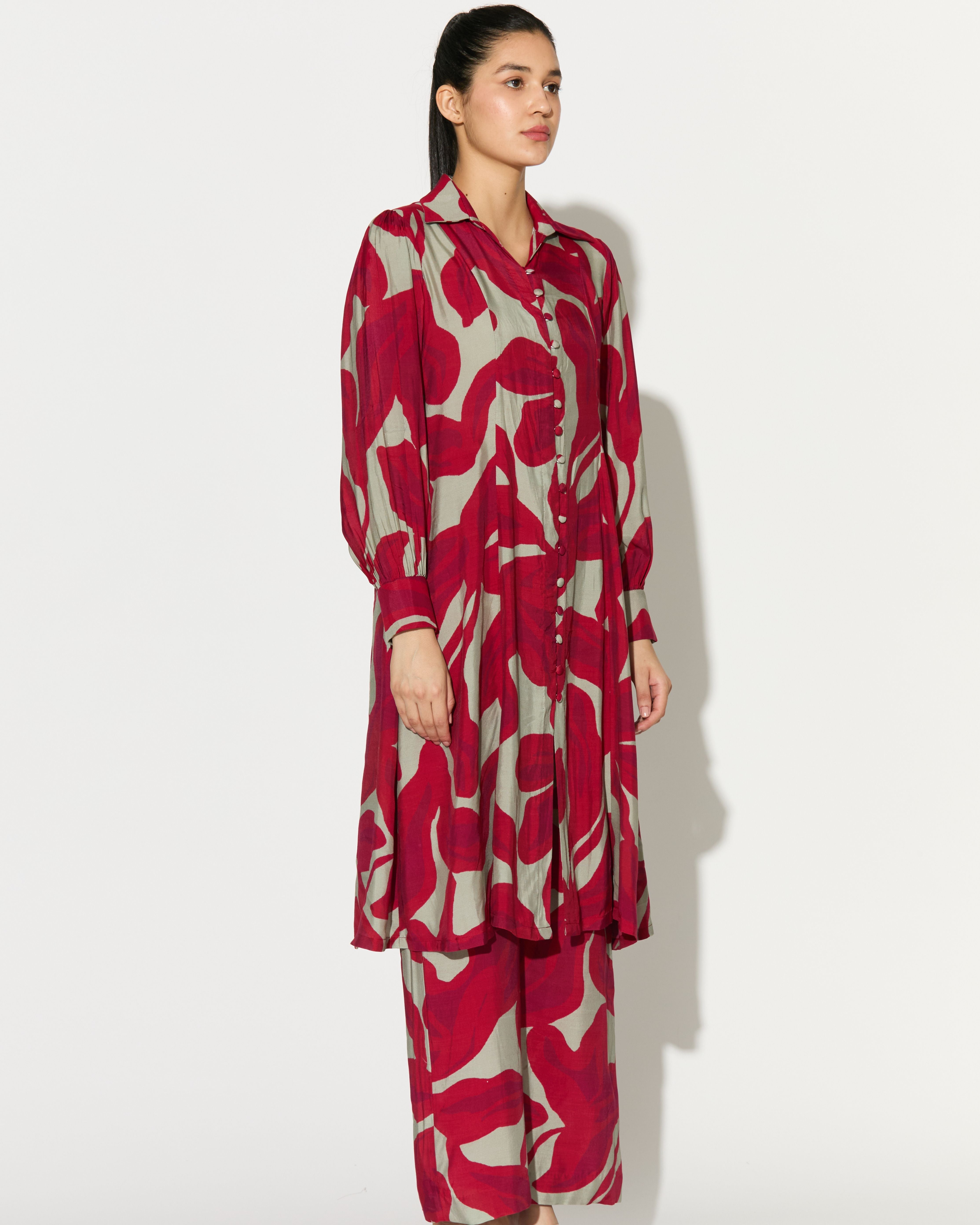 BEIGE AND HOT PINK FLORAL LONG SHIRT