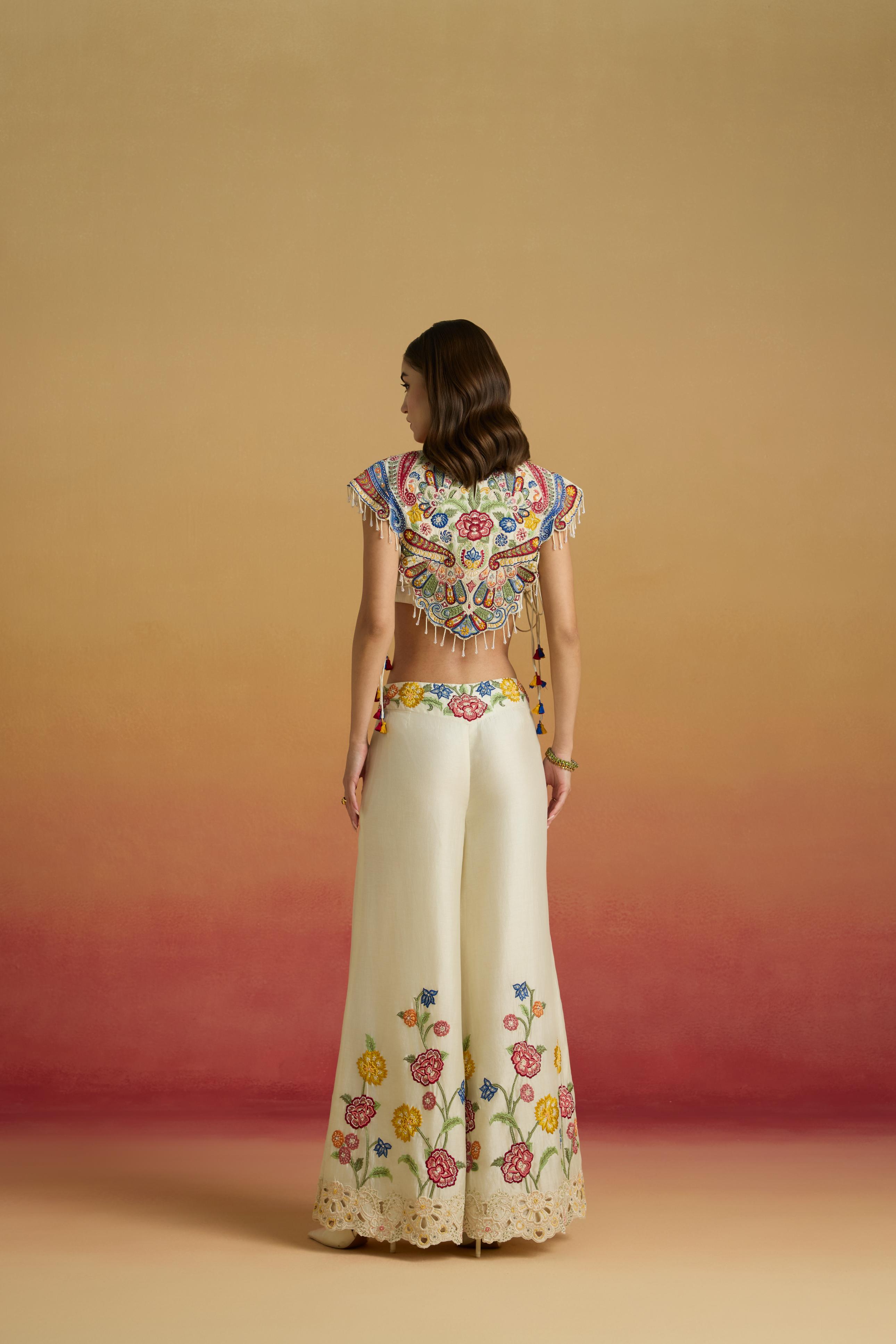 Elegant Ivory Chanderi Yoke Top with Intricate Applique, Threadwork & Beadwork