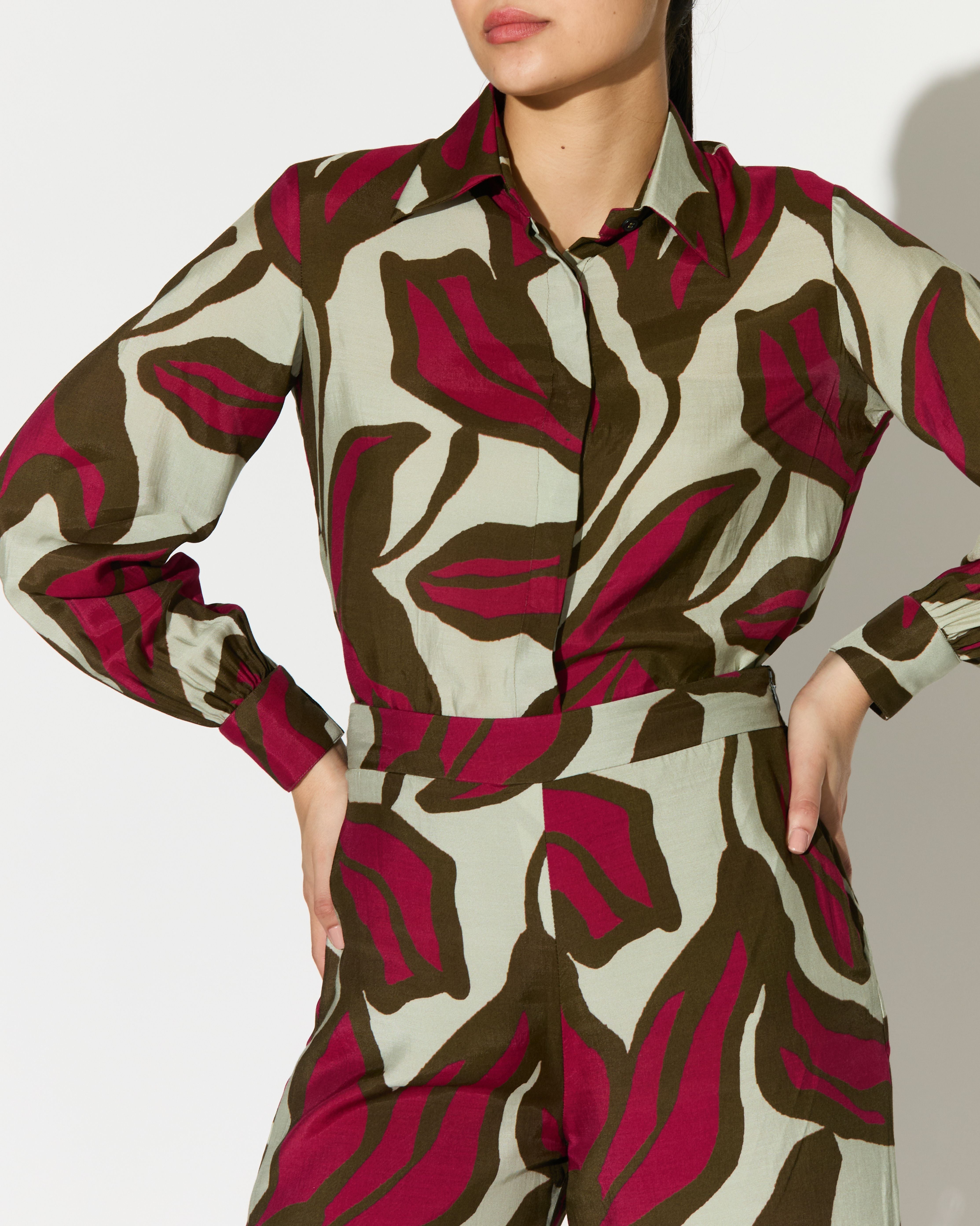 BEIGE, PINK AND GREEN FLORAL SHIRT