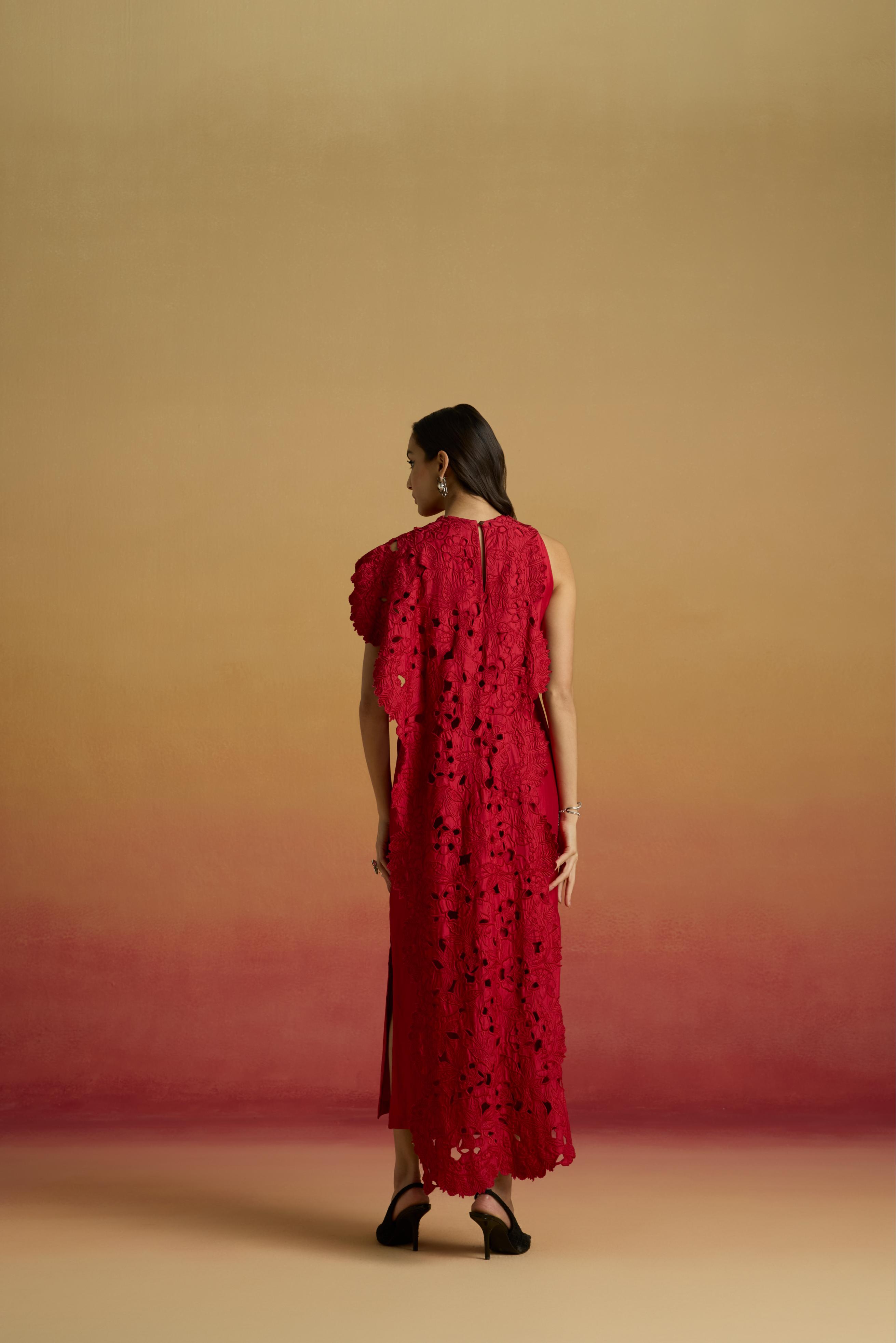 RED DRAPE DETAIL STRAIGHT DRESS