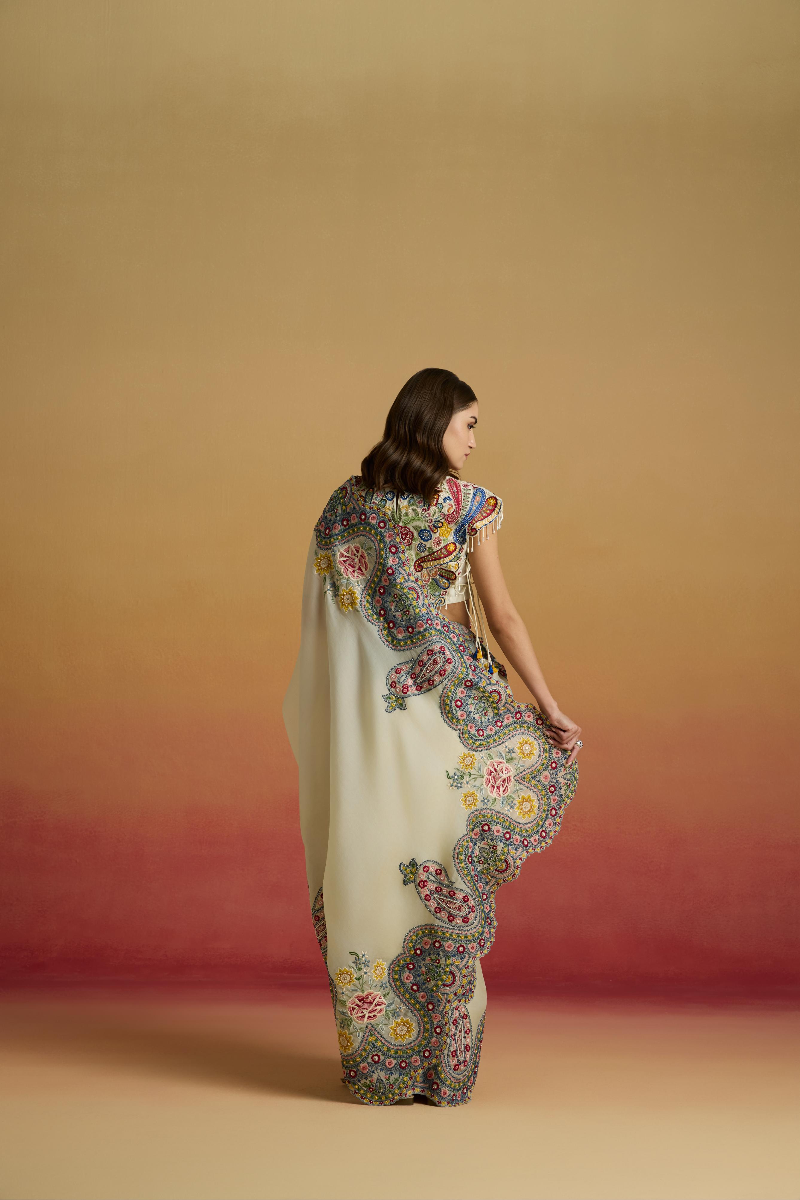 IVORY CORDWORK PAISLEY SAREE