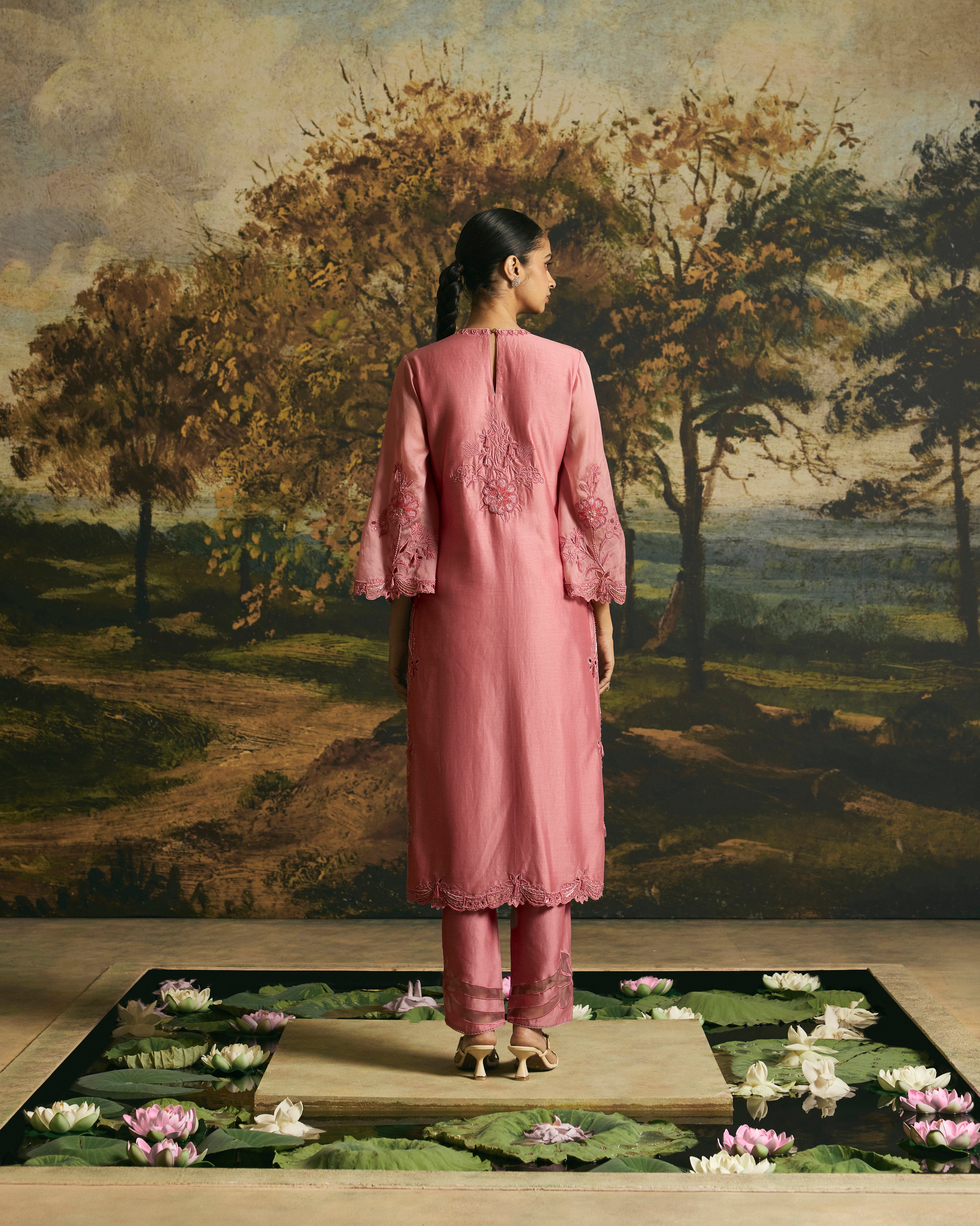 PINK CUTWORK AND BEADWORK KURTA WITH NARROW PANTS