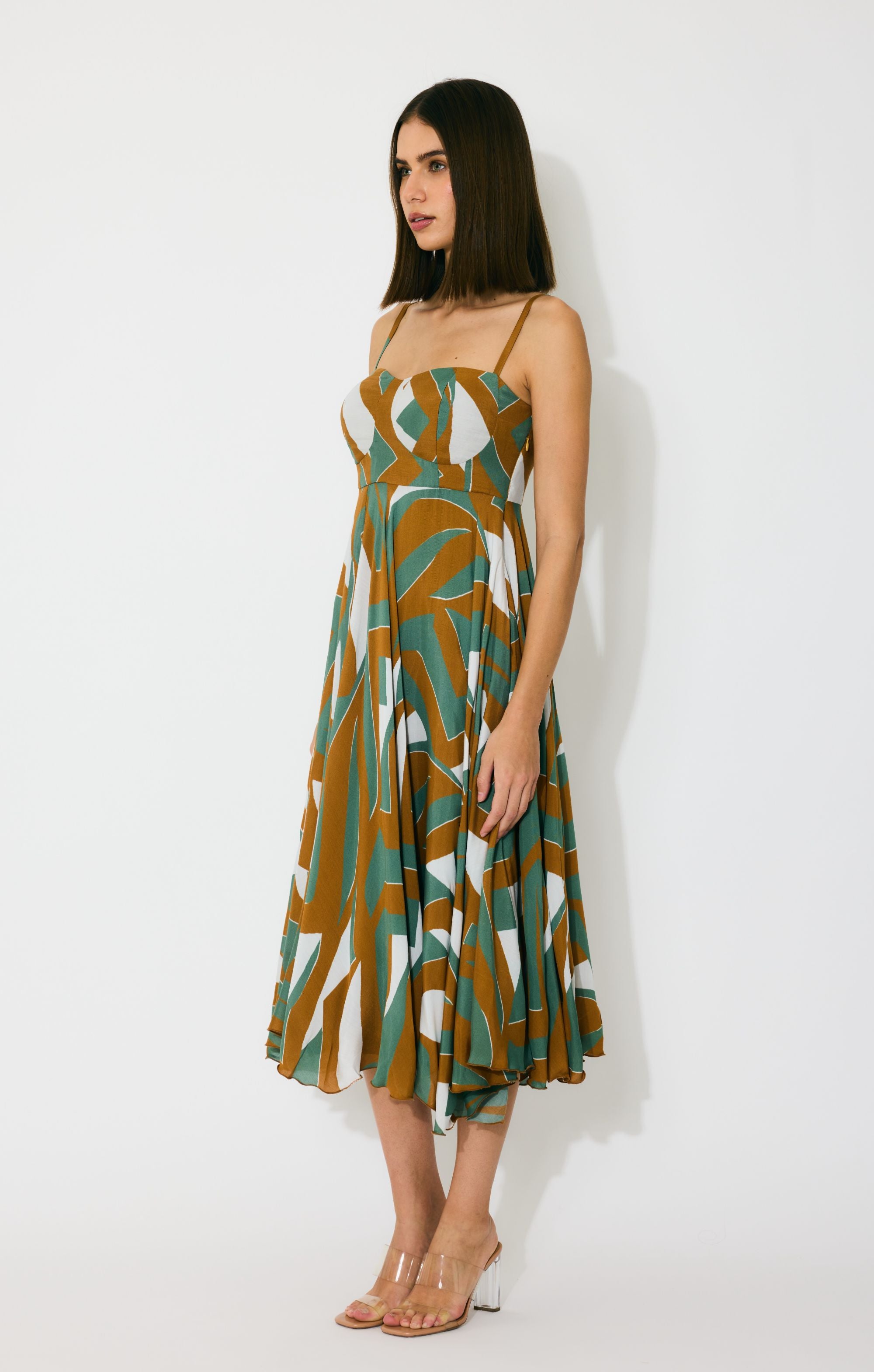 GREEN, BROWN AND CREAM PATTERN MIDI DRESS