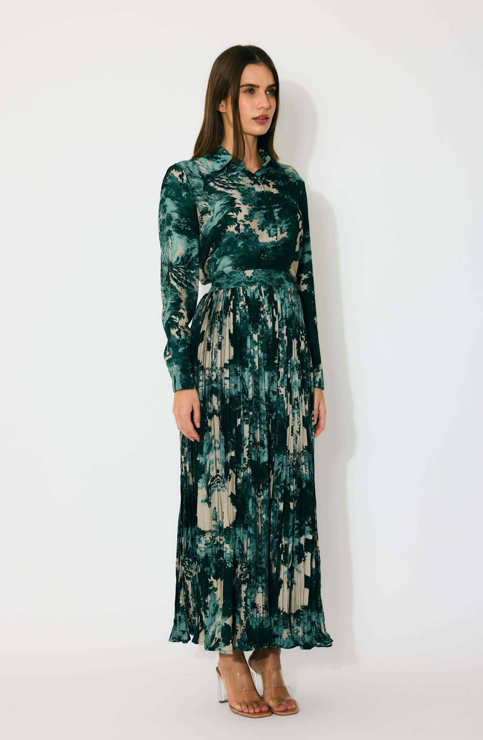 DARK GREEN, MINT AND BEIGE TOIL PRINT CRINKLED SKIRT