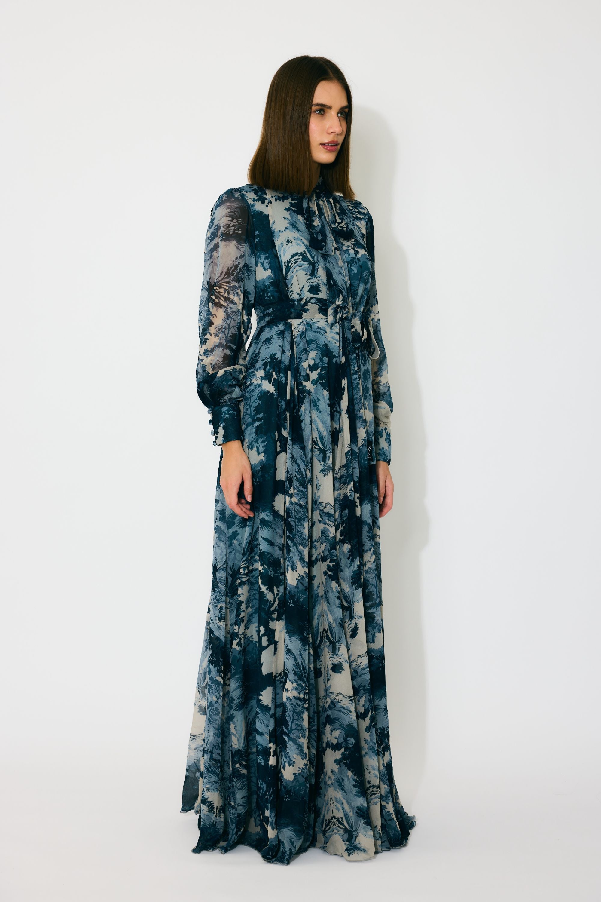 BLUE, INDIGO AND BEIGE TOILE PRINT LONG DRESS
