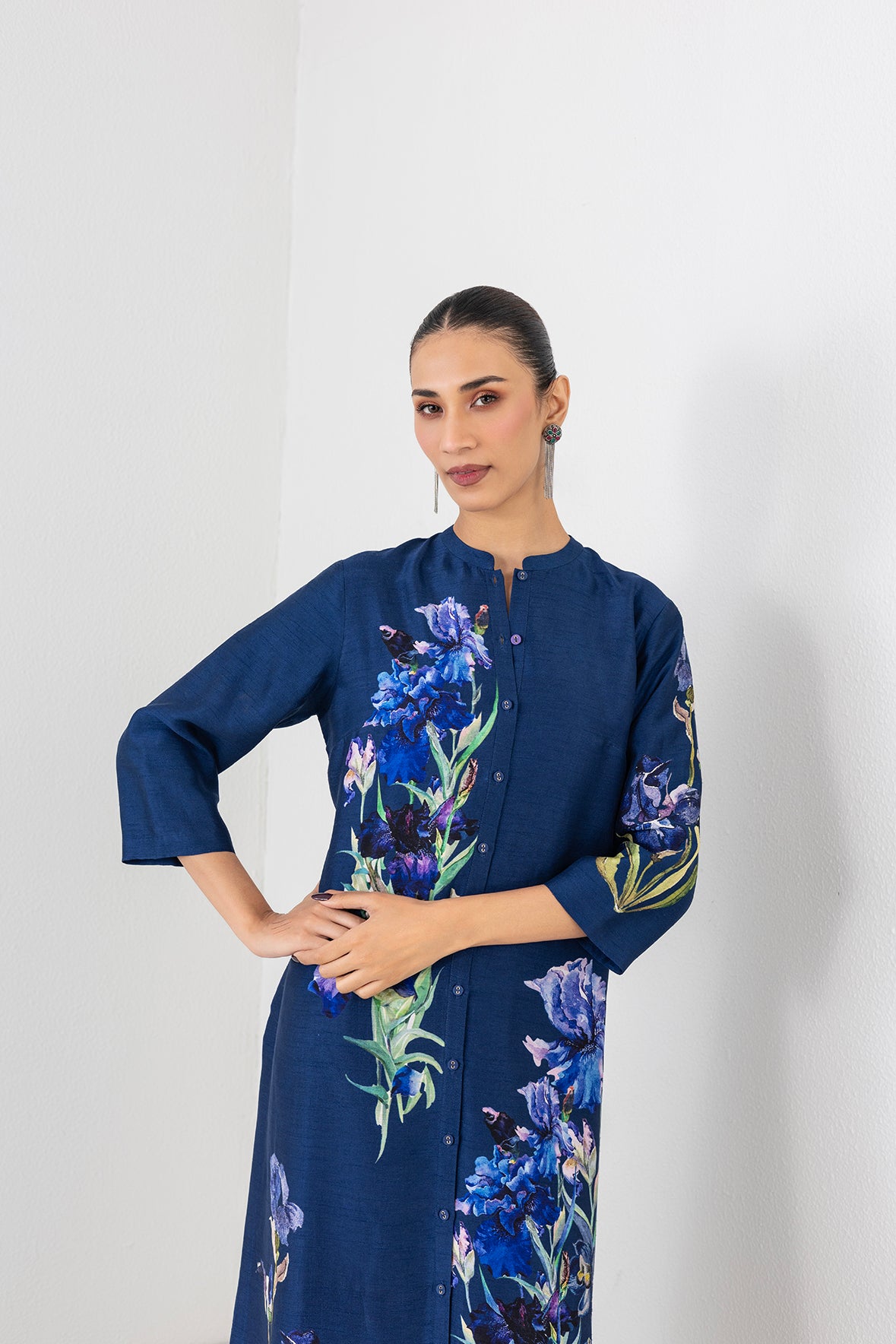 Blue Lagoon Dupion Floral Buta Printed Tunic
