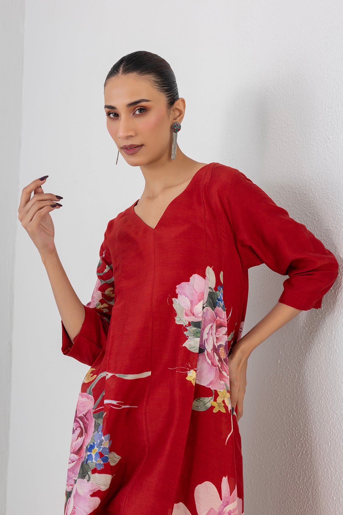Crimson Flame Red Silk Chanderi China Rose Printed Dress