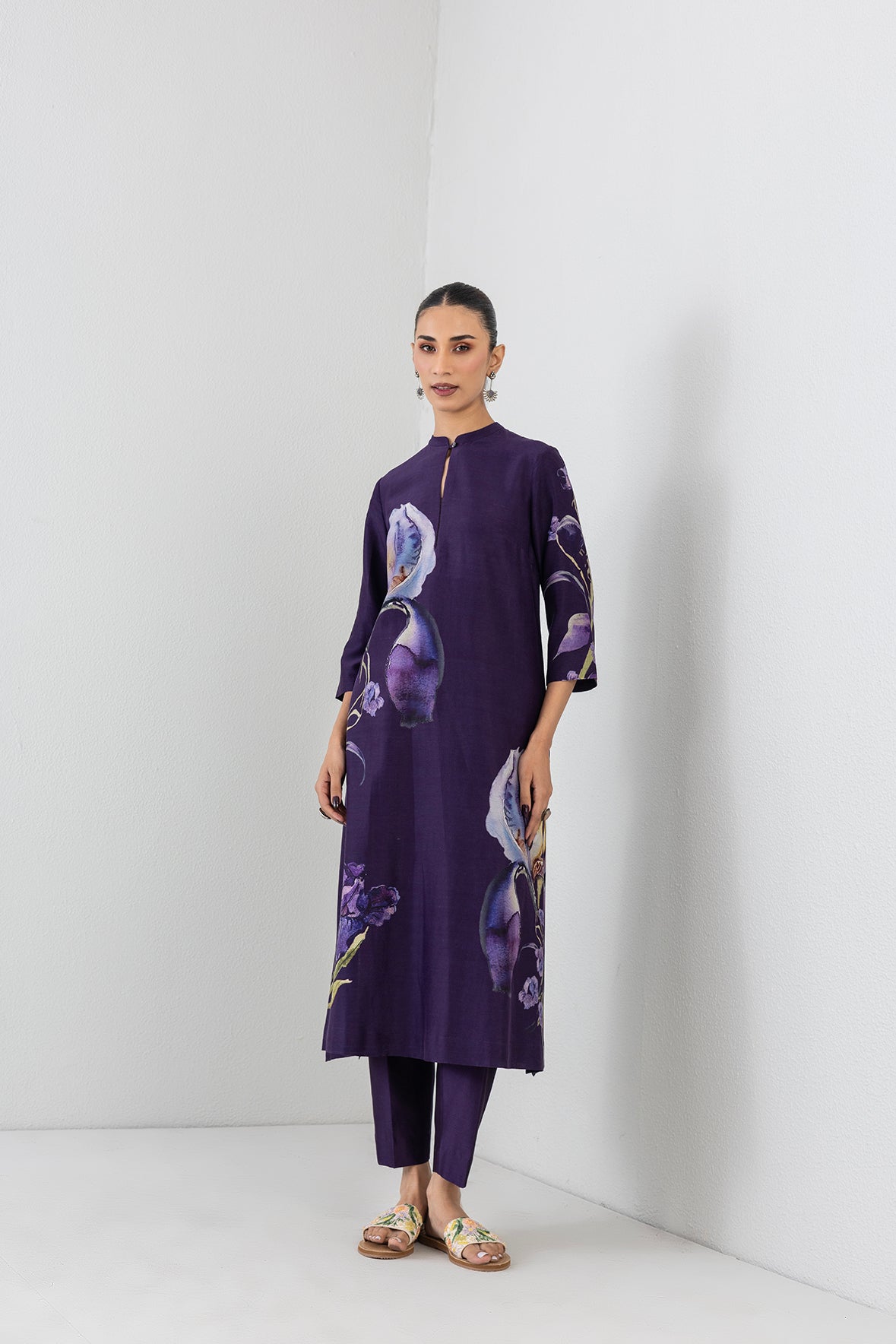 Violet Abyss Silk Chanderi Iris Lily Printed Tunic