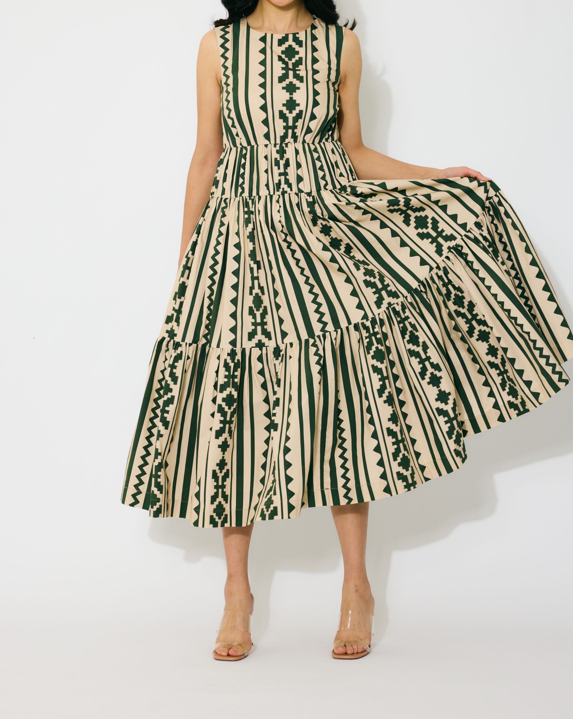 CREAM AND GREEN PATTERN SLEEVELESS MIDI DRESS