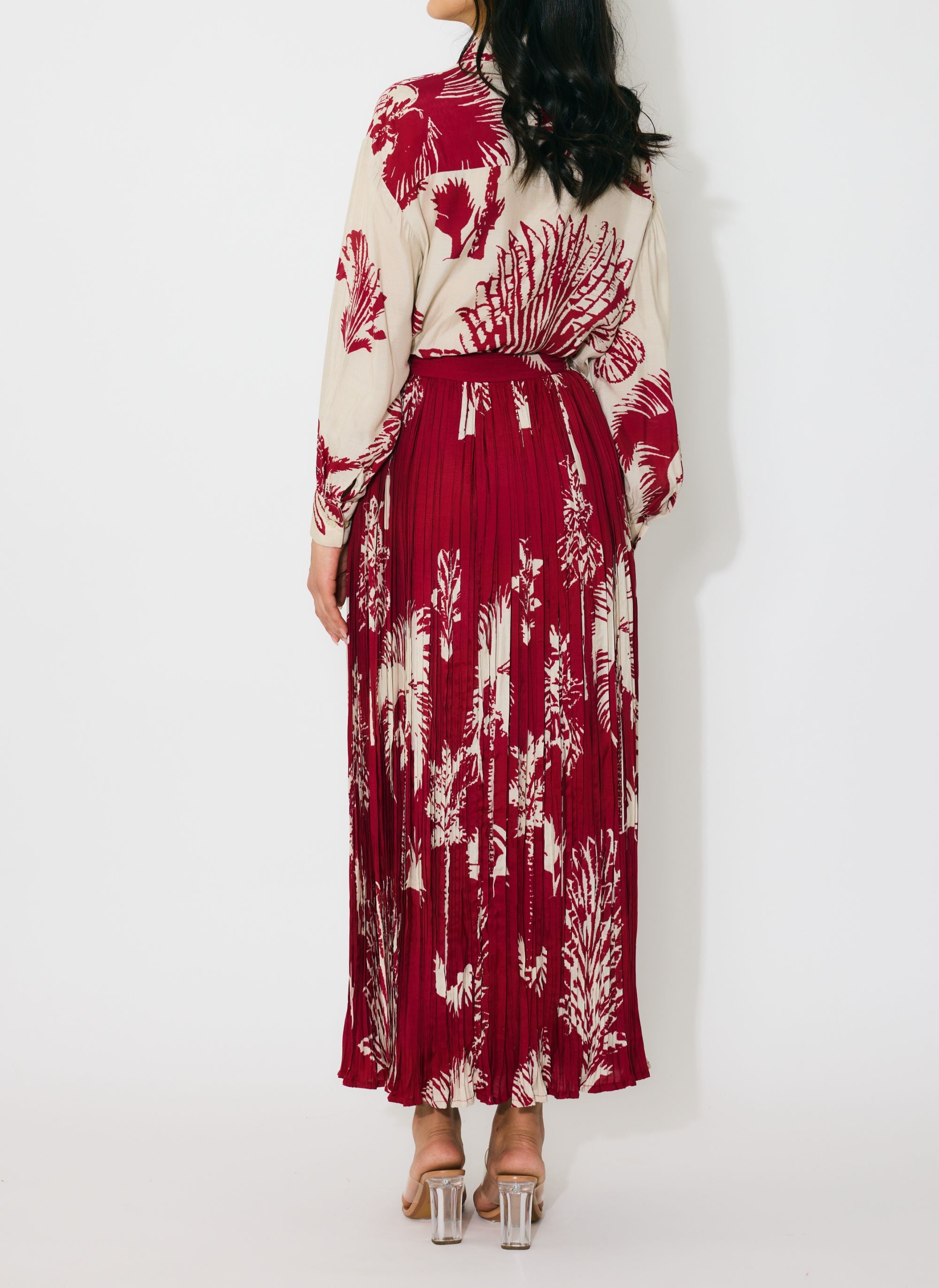 BEIGE AND RED FLORAL CRINKLED SKIRT