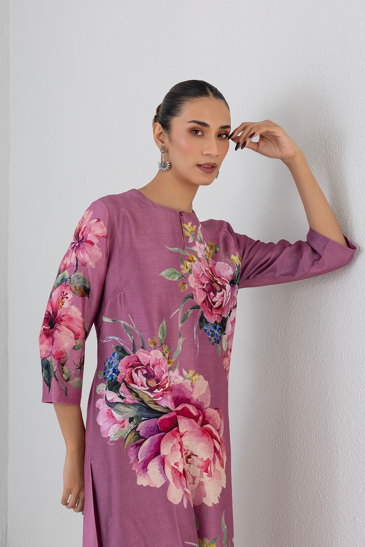 Fuchsia Pink Dupion Peony Flower Printed Shirt