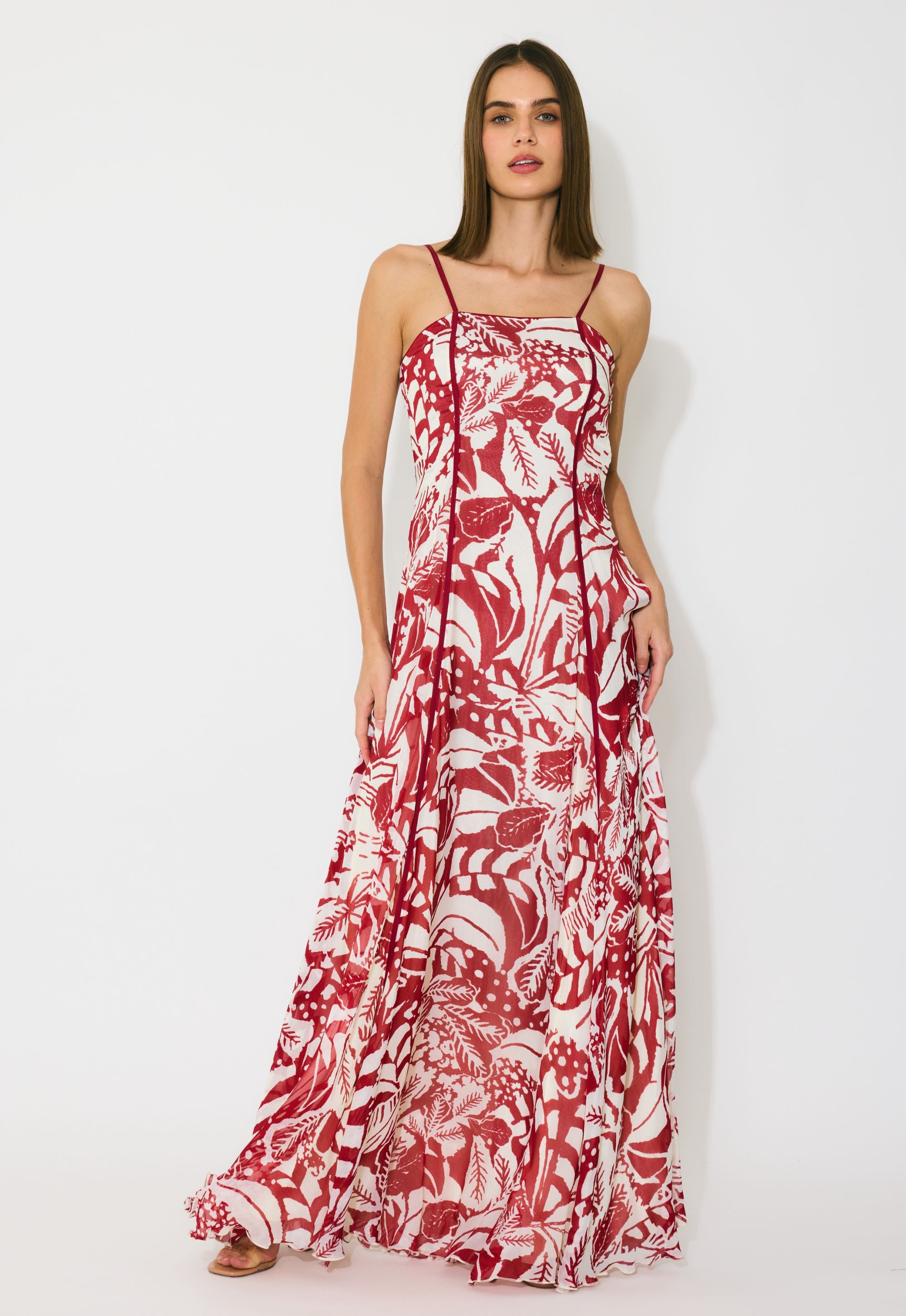 OFF WHITE AND RED SLEEVELESS LONG DRESS