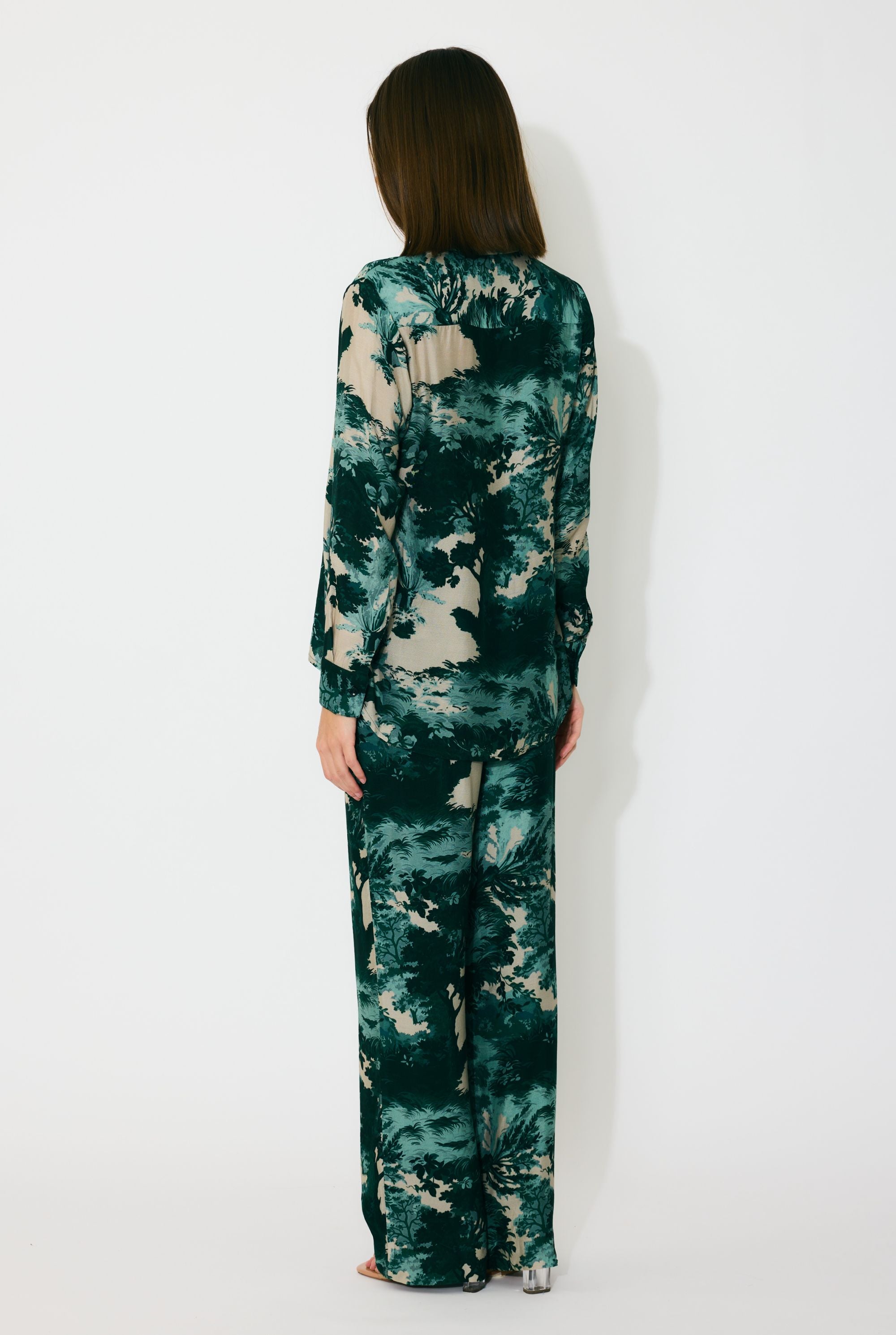 DARK GREEN, MINT AND BEIGE TOIL PRINT PANTS