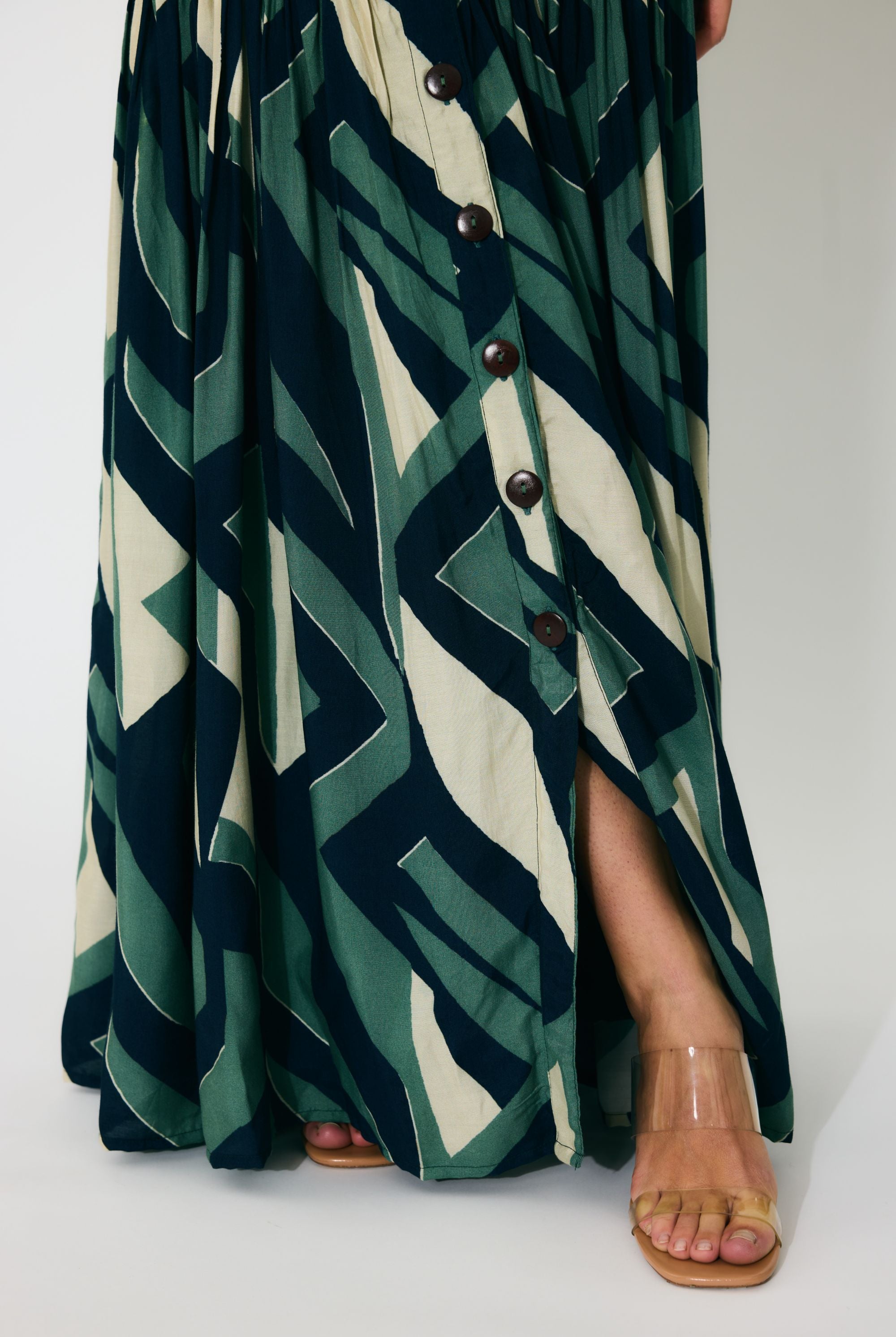 GREEN, INDIGO AND CREAM PATTERN SKIRT