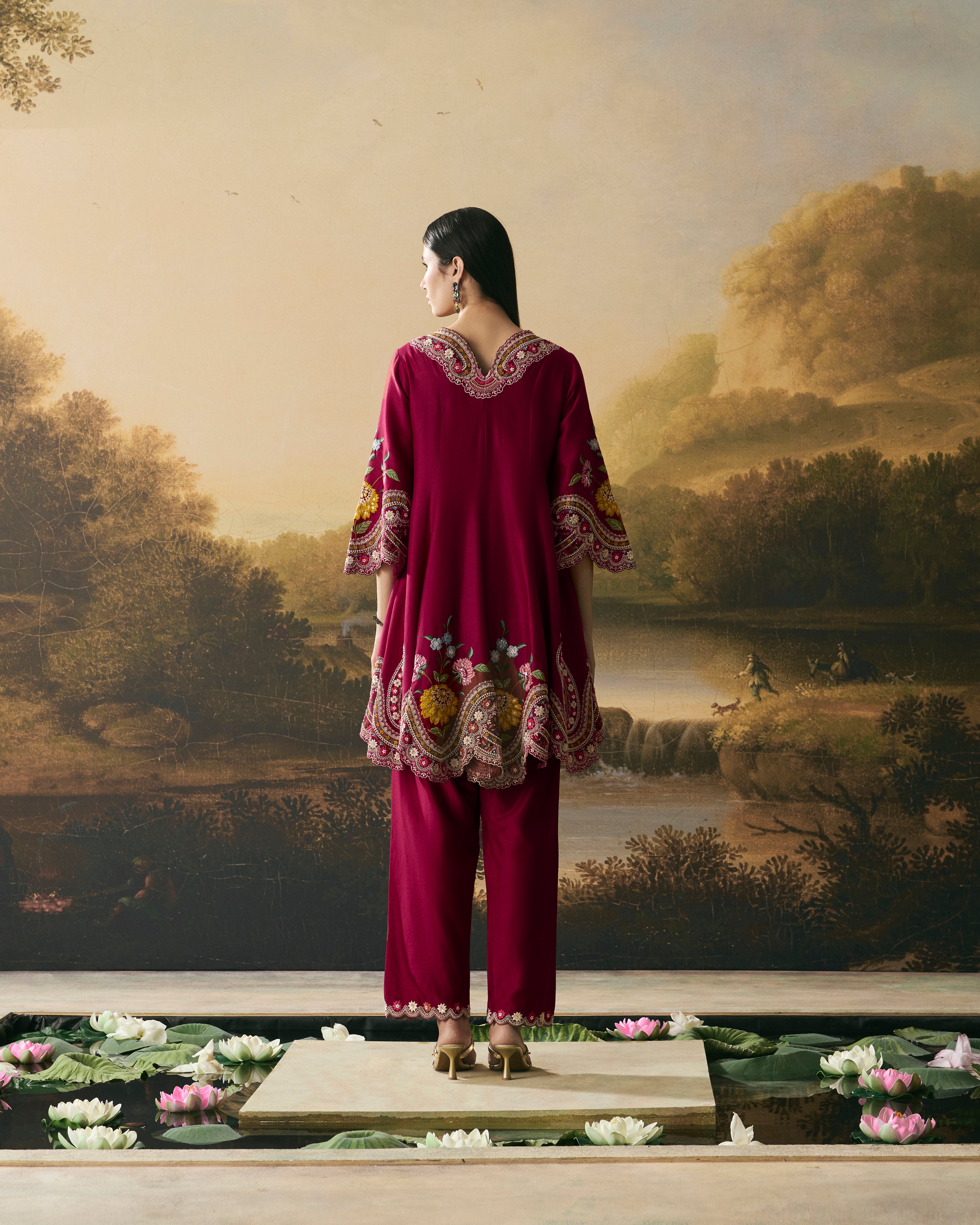 CHERRY RED CONTRAST CORDWORK FLARED SHORT KURTA WITH TULIP PANTS