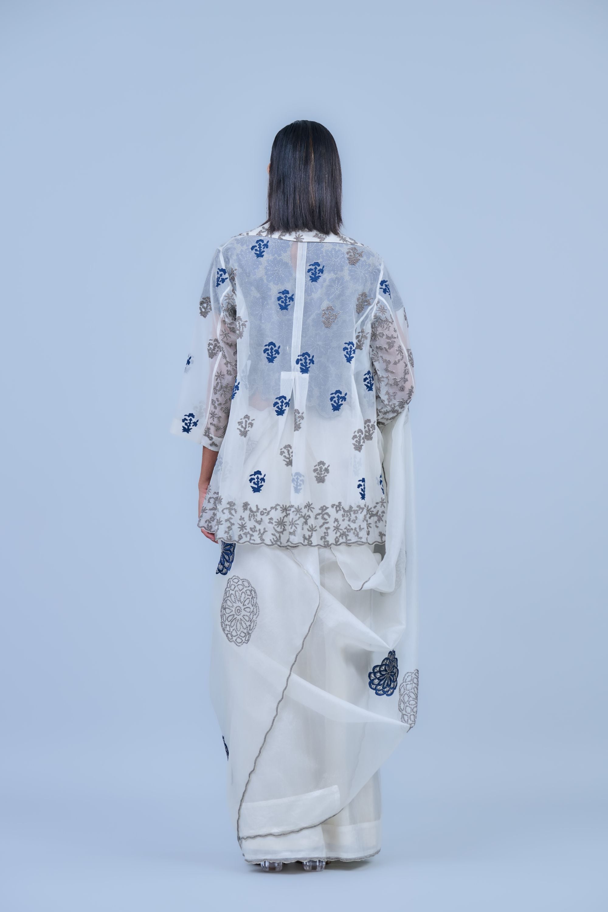 Ecru Spc Slv Silk Organza Sari